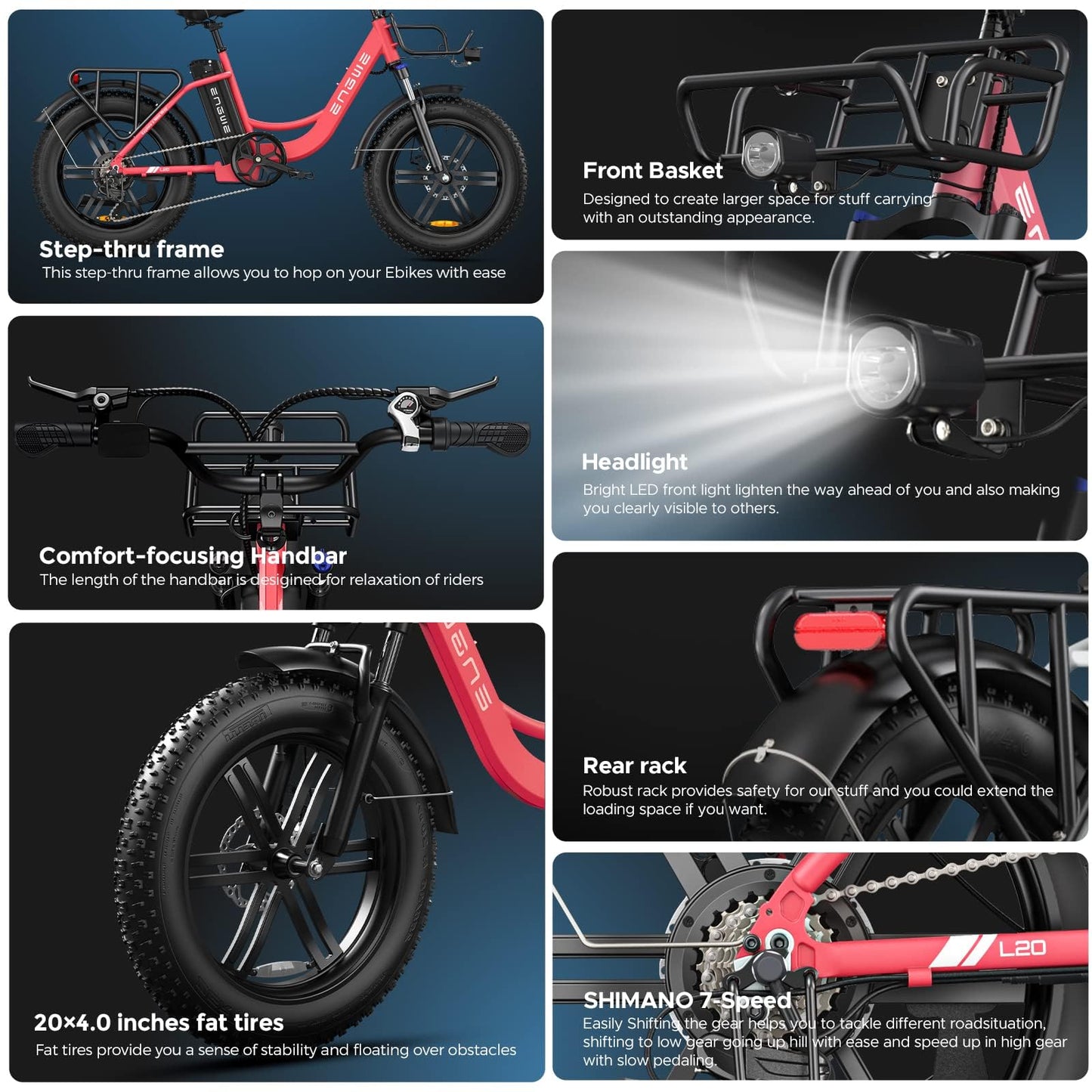 - ENGWE MTB Electric Bike for Adults 20" Fat Tire E-Bike with 48V 13AH Battery | 7-Speed | Dual Shock Absorber Perfect for Commuting and Off-Road Adventures -