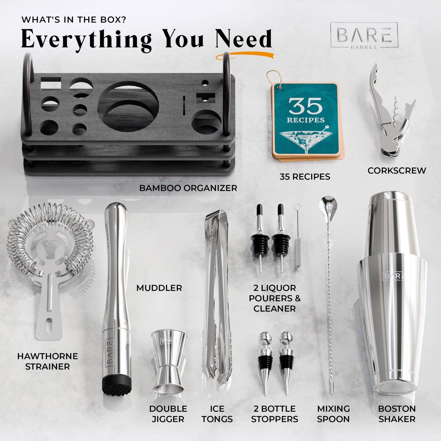 BARE BARREL® Cocktail Making Kit | 14-Piece Bartender Kit Cocktail Shaker Set Maker | Bamboo Display Stand & 35 Recipe Cards | Mixology Cocktail Gift Set (800ml/28oz Boston Shaker, Silver Black)