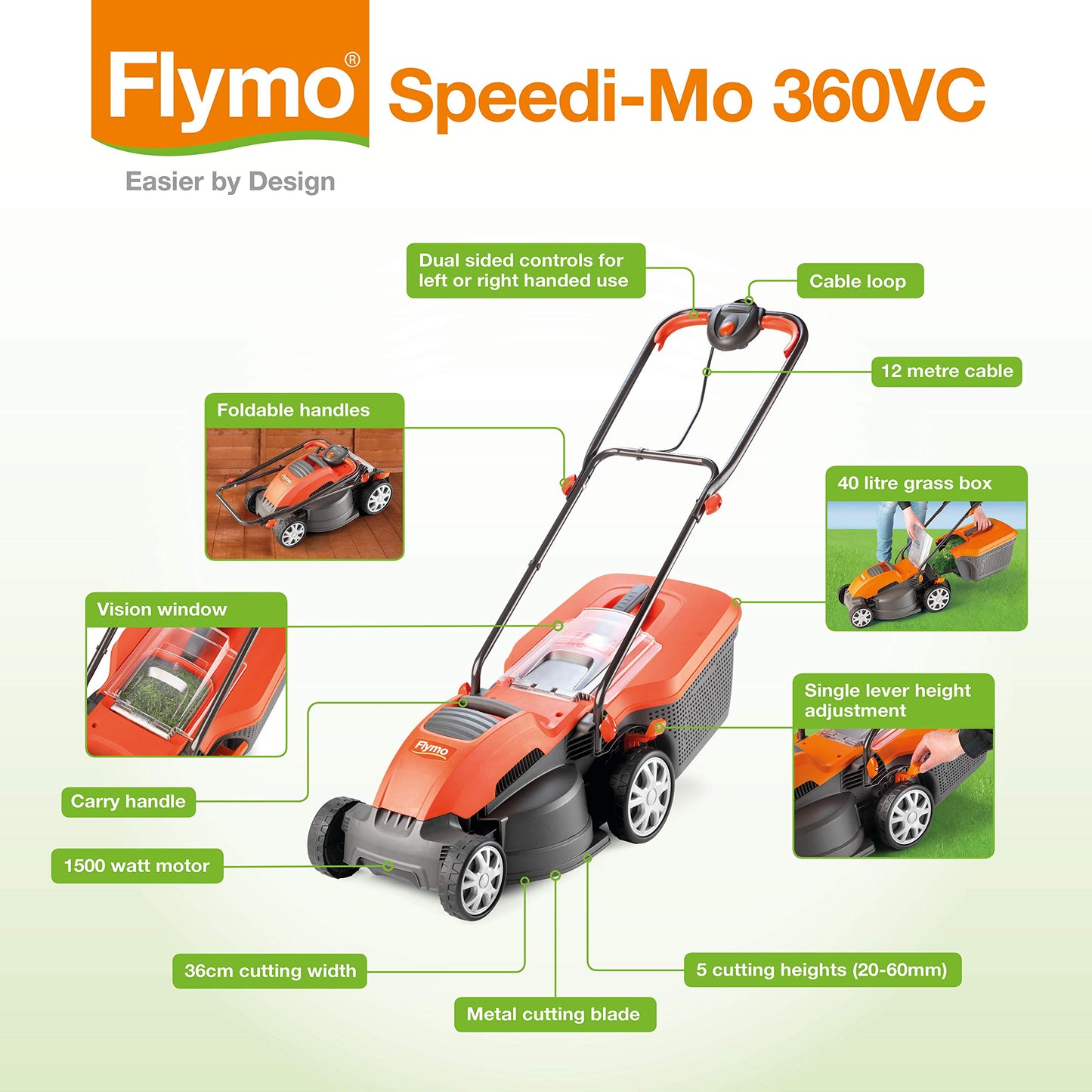 - Flymo Speedi-Mo 360VC Electric Rotary Lawn Mower | 1500W | 36cm Cutting Width | 40 L Grass Box | 967663301 -