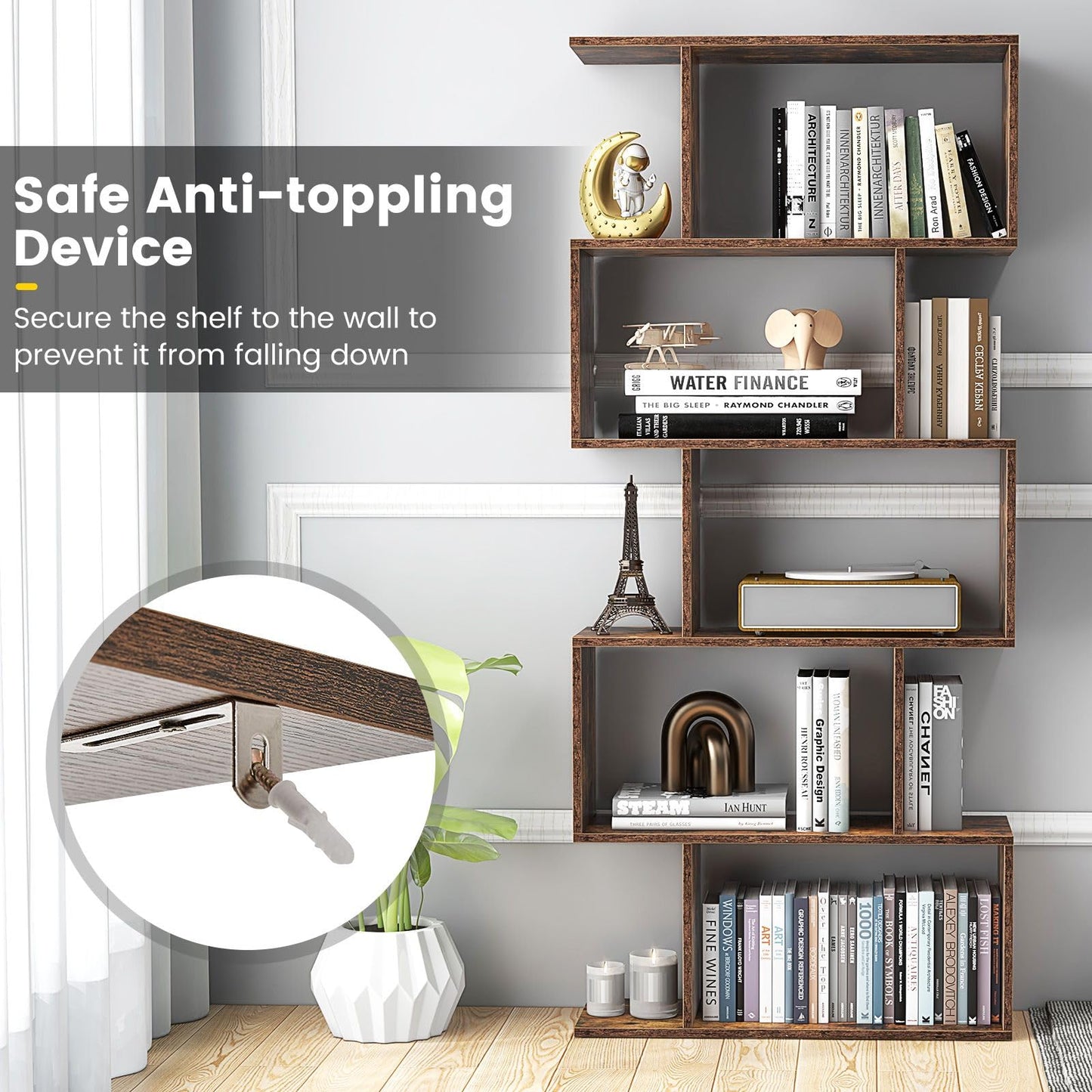 CASART 5/6 Tier Wooden Bookcase, Free Standing Shelving Stand Rack, S-Shaped Bookshelf Storage Display Unit