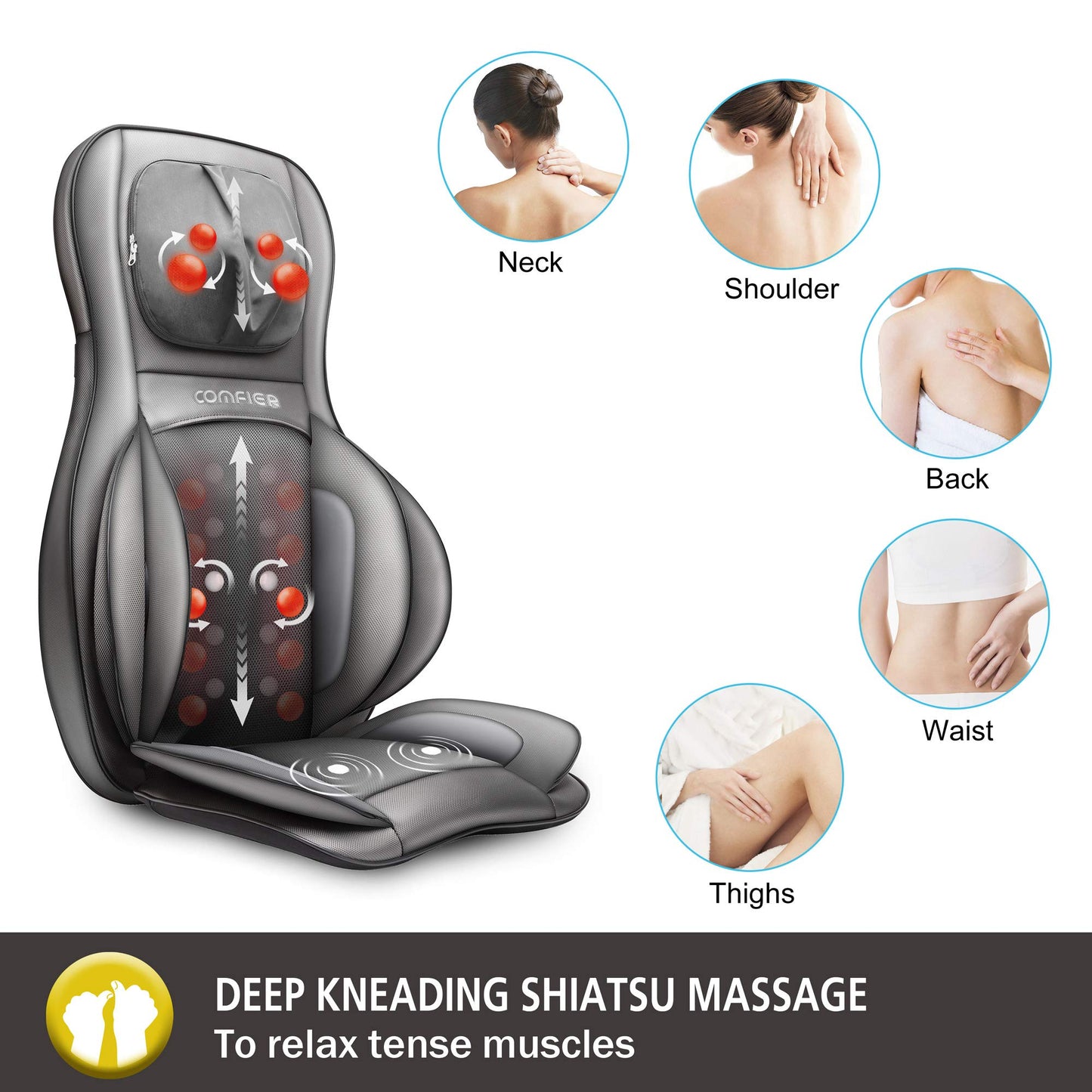 COMFIER Shiatsu Back Massager with Heat -Deep Tissue Kneading Massage Chair, Massage Chair Pad for Full Back, Chair Massager for Home or Office Chair use (dark grey), Gifts for Women,Men