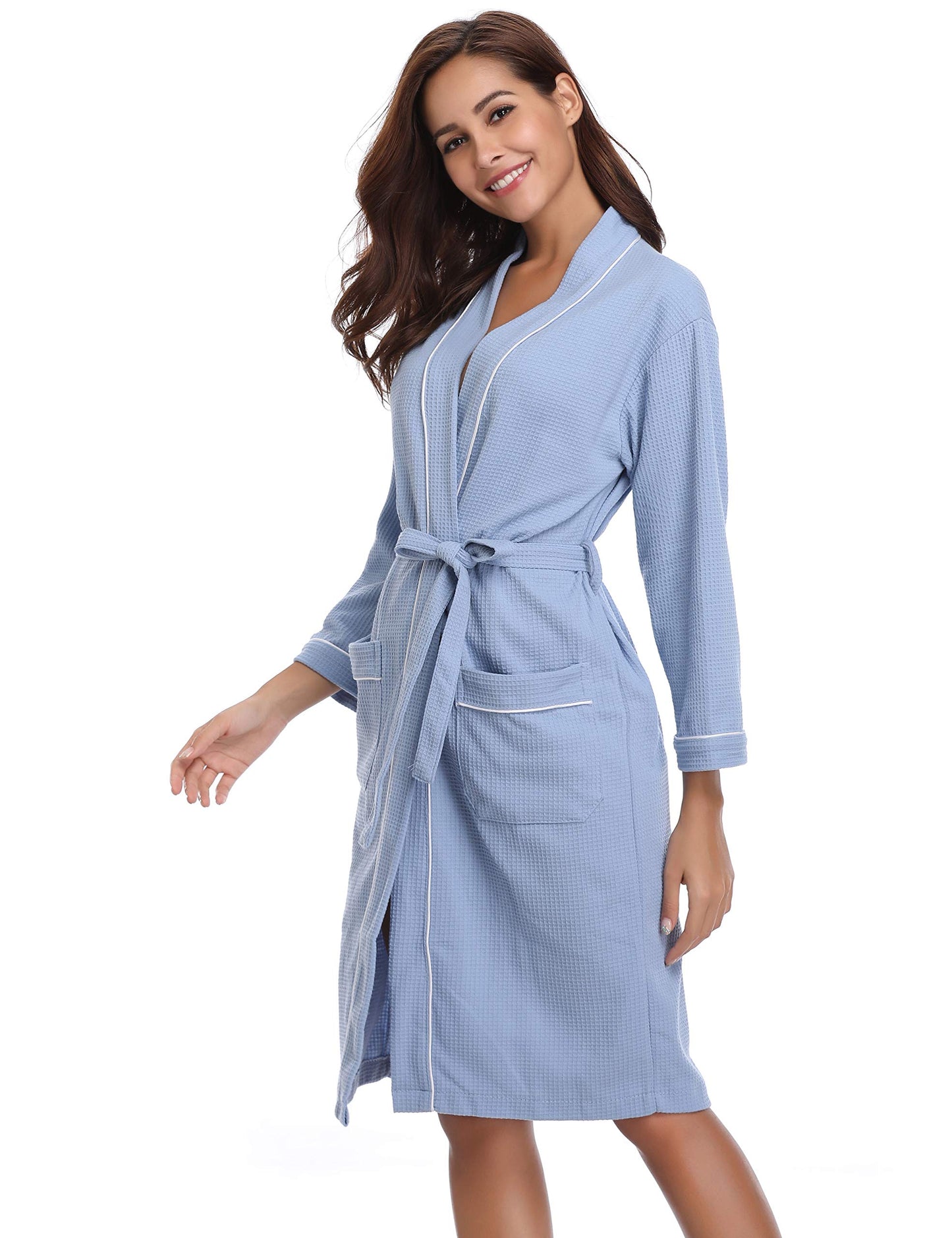 - Vlazom Waffle Dressing Gowns Unisex Kimono Robe Cotton Lightweight Bathrobe -