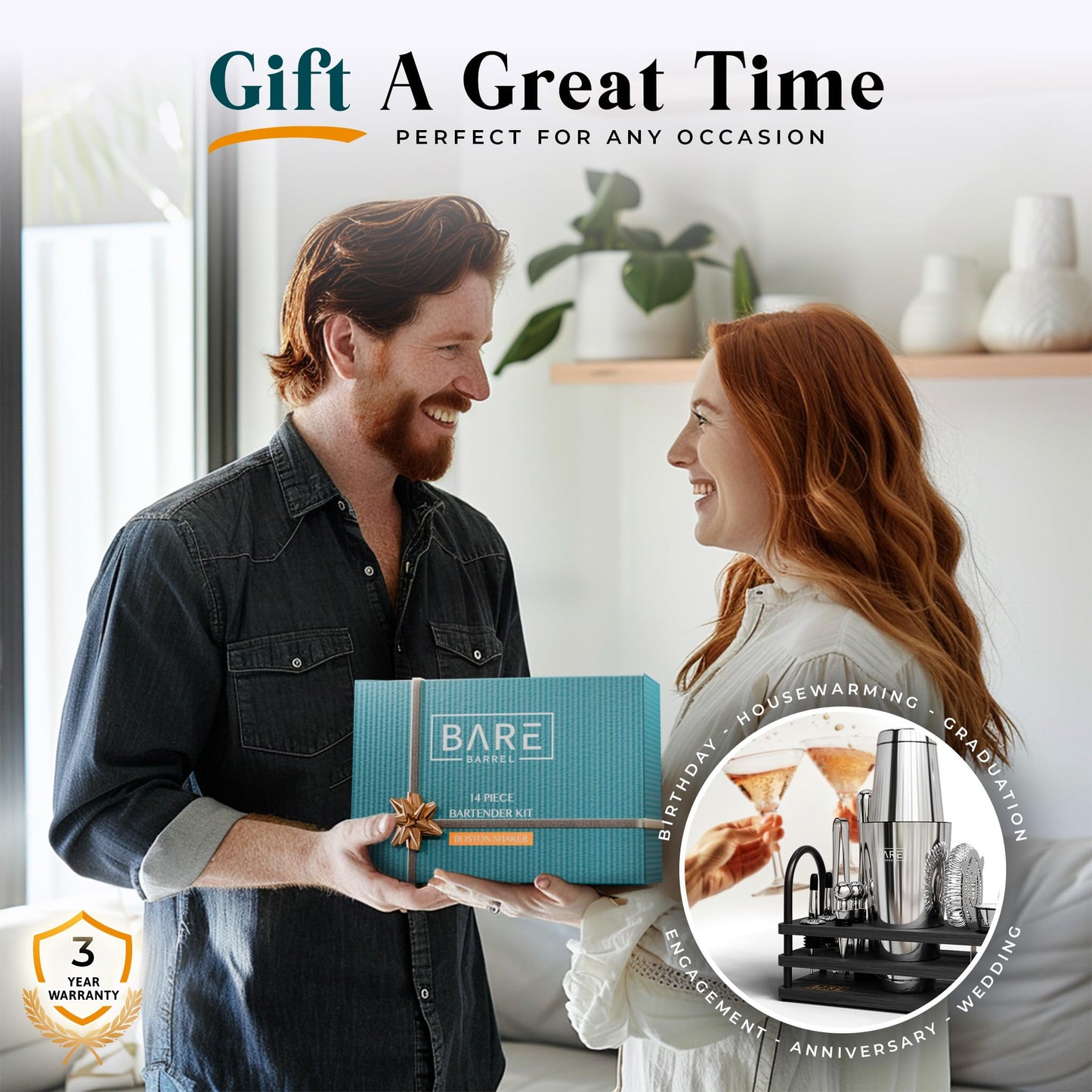 BARE BARREL® Cocktail Making Kit | 14-Piece Bartender Kit Cocktail Shaker Set Maker | Bamboo Display Stand & 35 Recipe Cards | Mixology Cocktail Gift Set (800ml/28oz Boston Shaker, Silver Black)