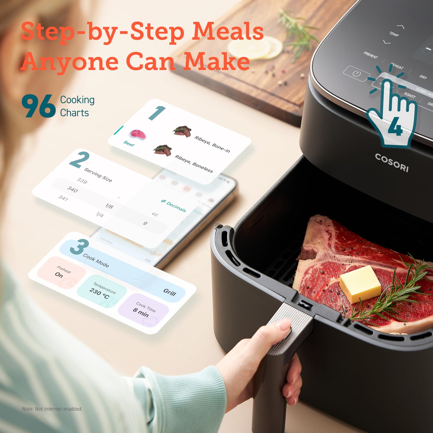 COSORI Air Fryer TurboBlaze, 6L Compact Design, 9 Functions with 5 Auto Fan Speeds Airflow System, Fast and Energy Saving, 30ā to 230ā, Quiet, 110+ Recipes, Oil Free, Non-stick, Dishwasher Safe