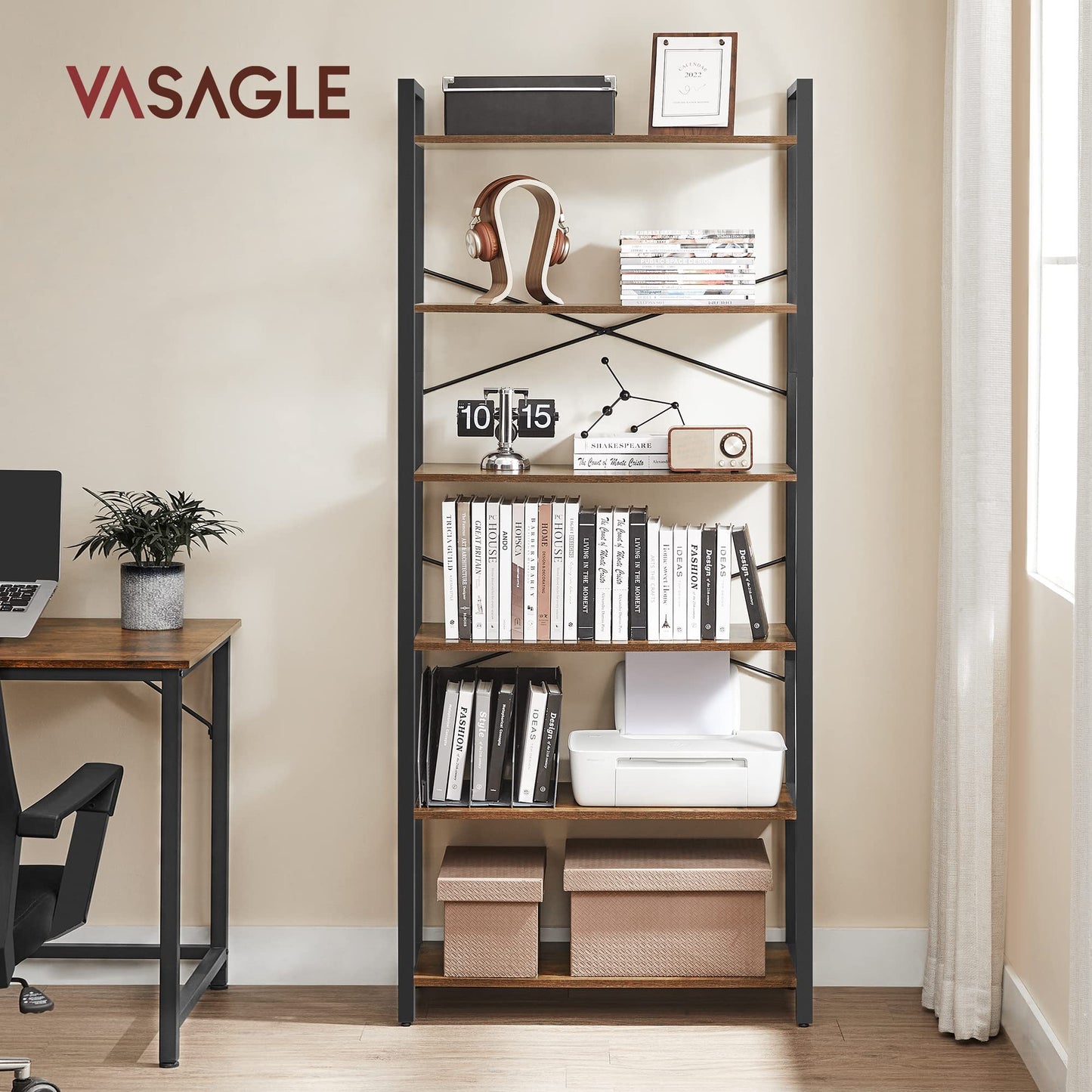 - VASAGLE 6-Tier Tall Bookshelf, Large Bookcase, Steel Frame, Freestanding Shelf Unit -