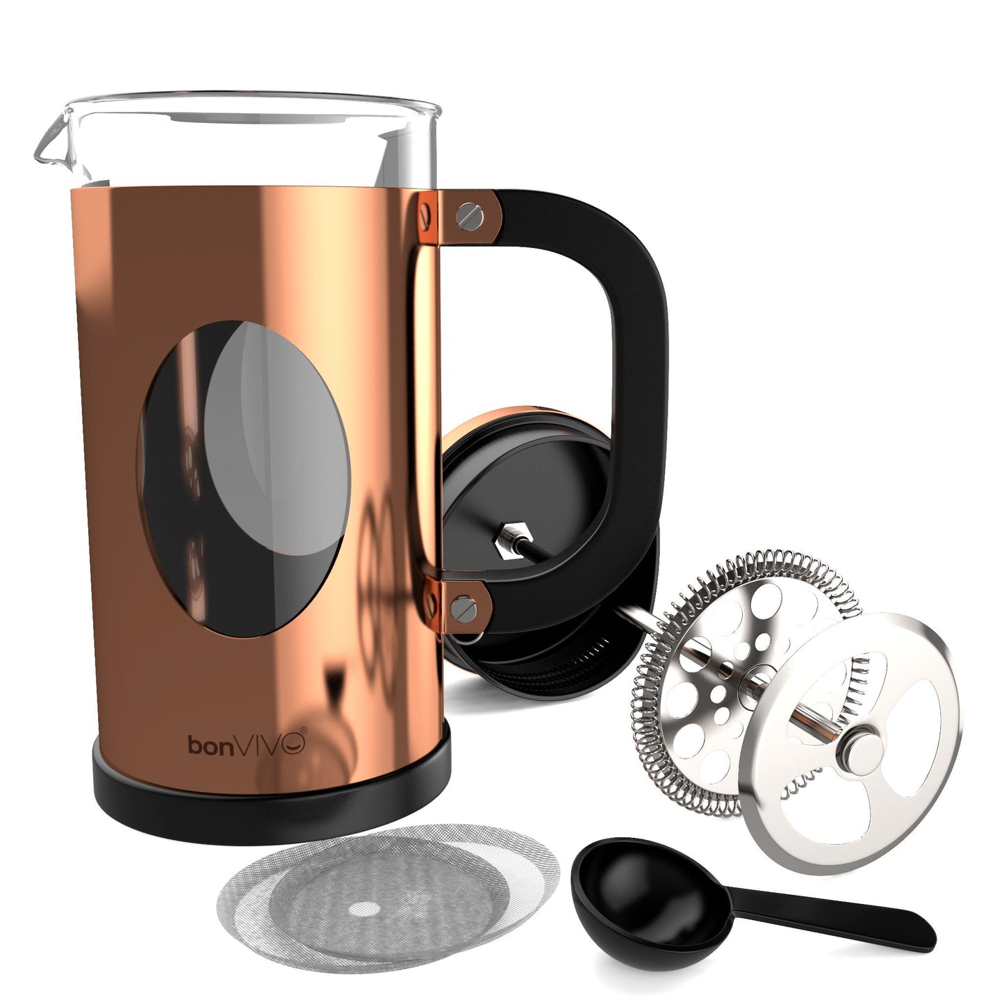 bonVIVO Cafetiere - GAZETARO I 350ml, 8 Cup, Stainless Steel French Press Coffee Maker w/Bonus Scoop and Replacement Filter Mesh - Heat-Resistant Coffee Press - Gifts for Women and Men Copper