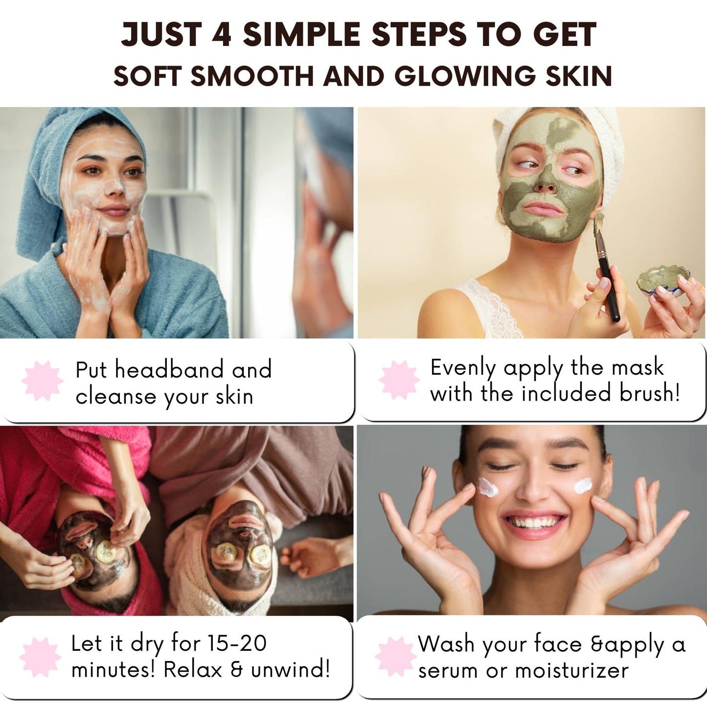 Clay Mask | Clay Face Mask | Premium Pack of 4(400g) With Bonus Headband & Brush | Turmeric Vitamin C Clay Mask For Face, Green Tea, Rose, Dead Sea Mud Mask | Deep Pore Cleansing & Brightening