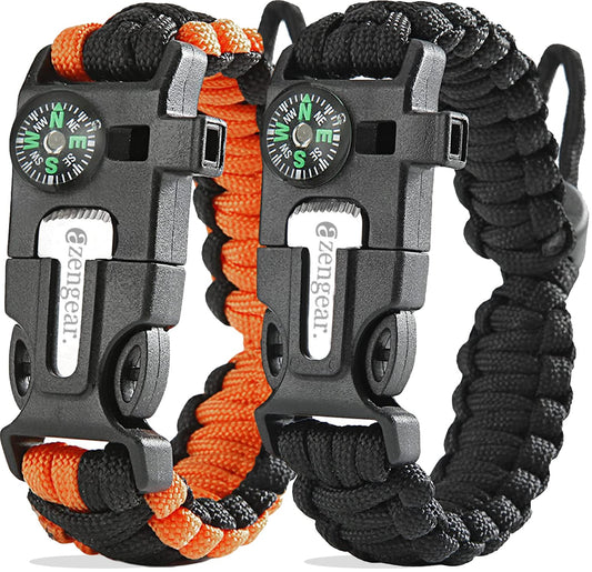aZengear Paracord Survival Bracelet (2 Pack) | Flint Steel Fire Starter, Compass, Whistle,Hiking Accessories, Wild Camping Equipment Kit, Bushcraft, Emergency (Black and Orange)