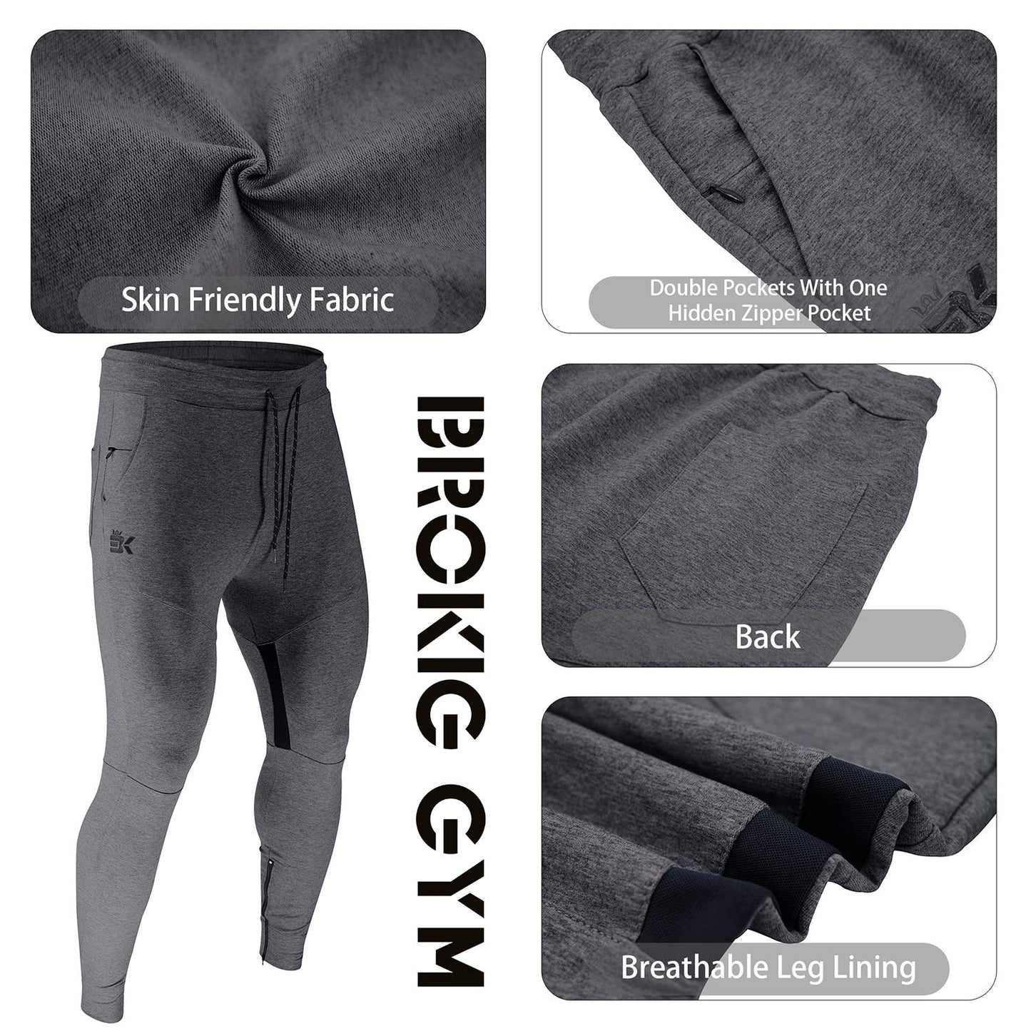 BROKIG Mens Thigh Mesh Gym Joggers Trousers Running Slim Fit Tracksuit Bottoms Sweatpants Men Zip Pockets (S, Dark Grey)