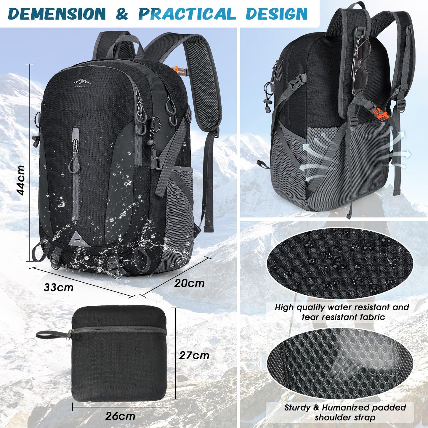 - RAINSMORE Hiking Backpack | 40L Lightweight Foldable Rucksack -