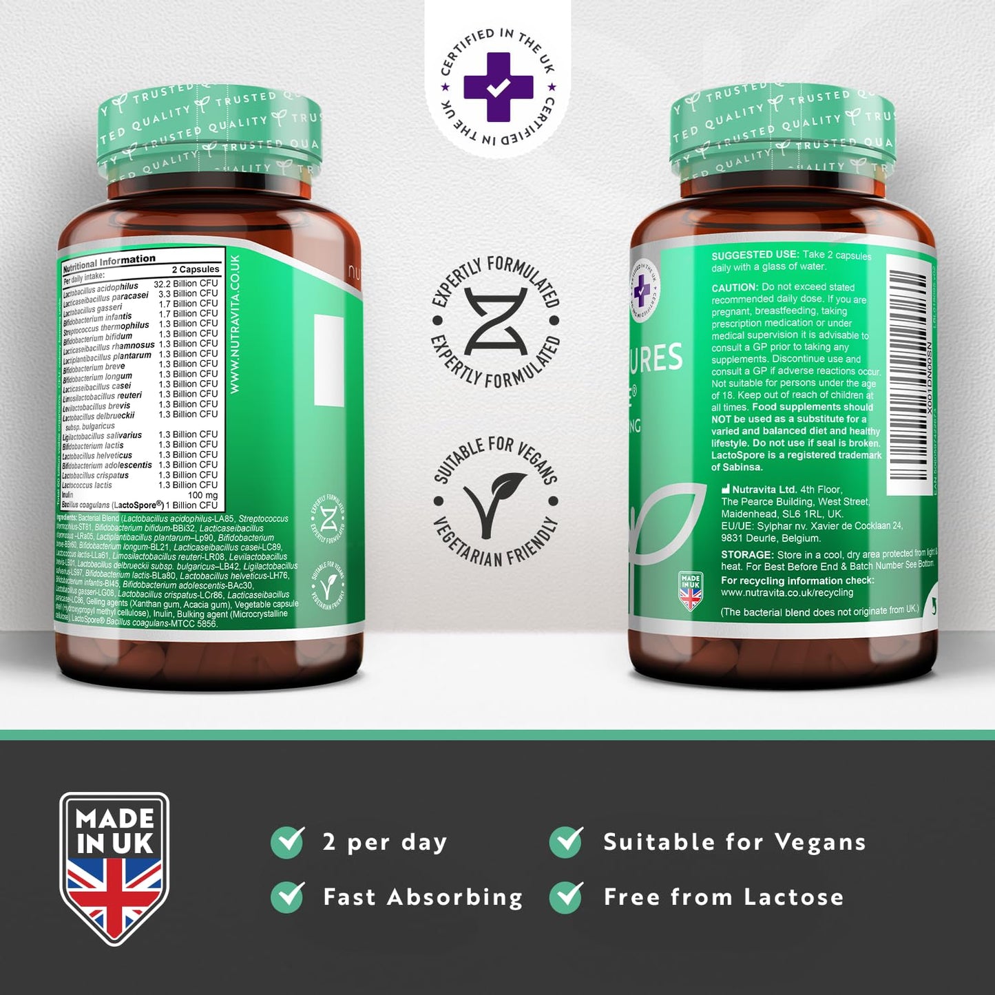 60 Billion CFU Probiotic Cultures - Scientifically Backed Lactospore® for Good Gut Flora - Enteric Coating to Ensure Probiotics are Delivered Directly to The Gut - Made in The UK