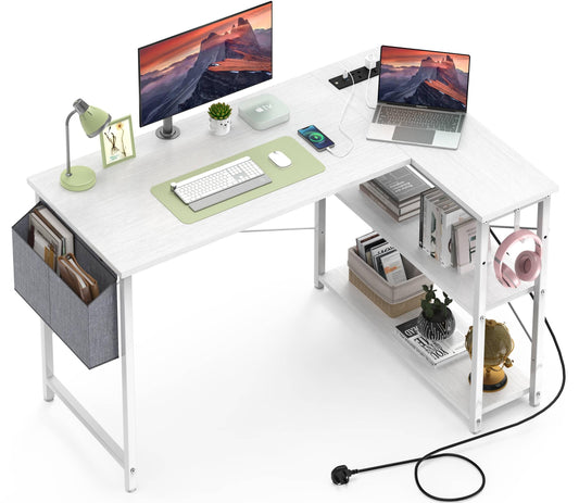 - Yornoli L Shaped Computer Desk with Power Outlet, 118CM Corner Office Desk for Small Spaces with Storage Shelves, Study Work Writing Table for Home Office Bedroom, Snow White