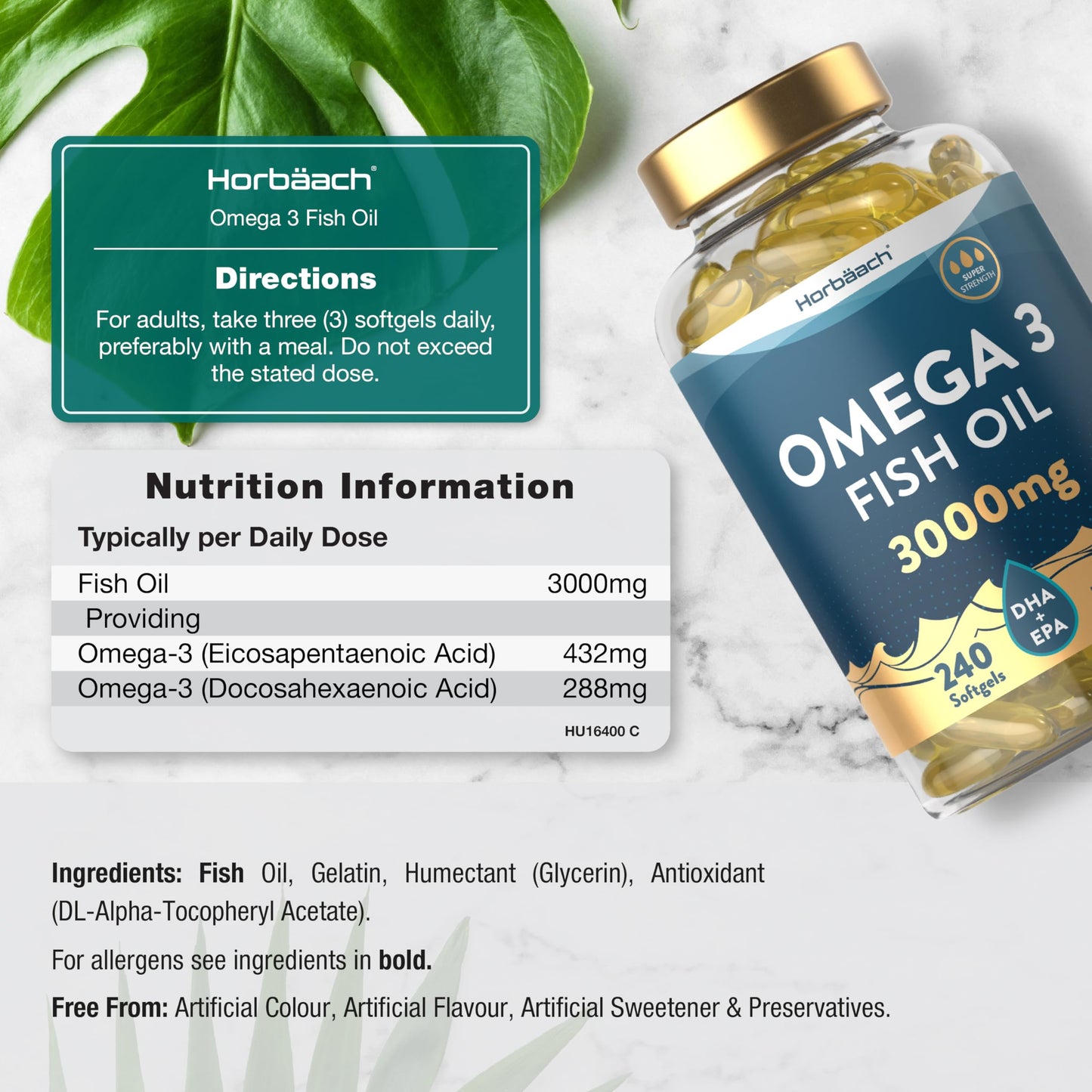 - Omega 3 Capsules 3000mg | 240 Count | Super Strength Fish Oil -