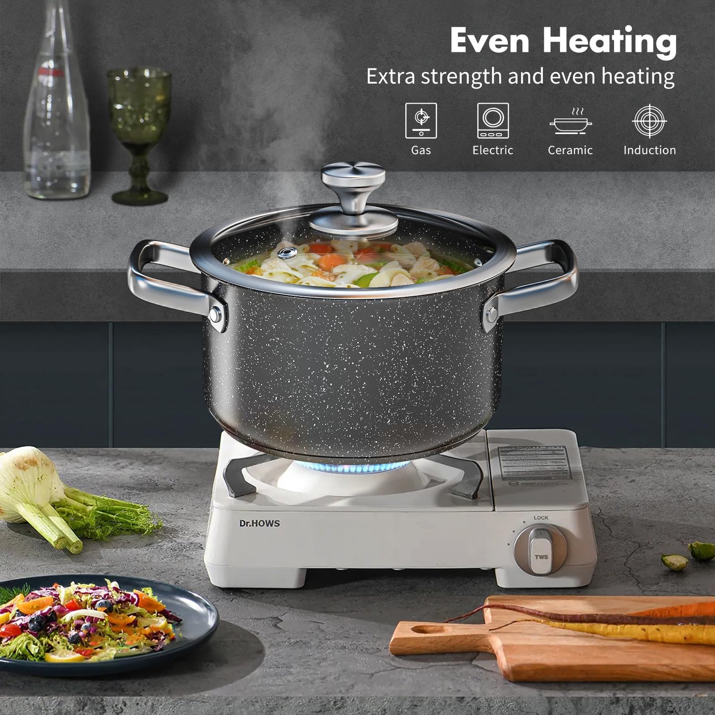 - Stainless Steel Pots and Pans Set | 7-Piece Nonstick Granite Induction Hob Pan Set | Frying Pans & Saucepans | Black -