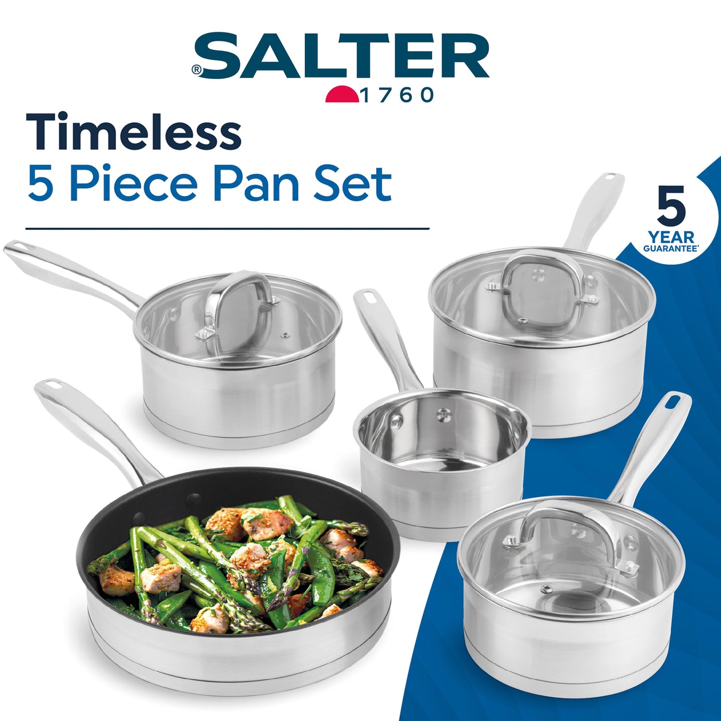 - Salter BW06746 Timeless 5 Piece Pan Set | Induction Hob Cooking Pots | Stainless Steel Cookware, 16, 18, 20 cm Saucepans, Milk Pan And 24cm Frying Pan -