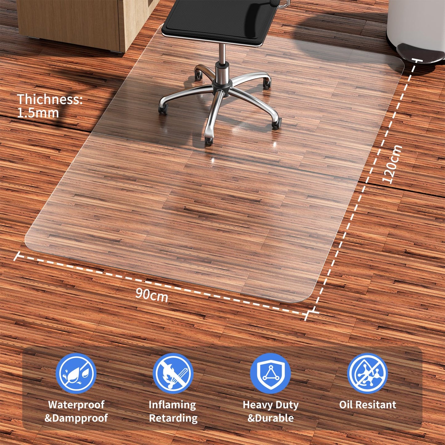 - WASJOYE Chair Mat for Hard Floor Office Chair Mat Desks Mats Large 90 * 120cm,Transparent Clear PVC Floor Protector