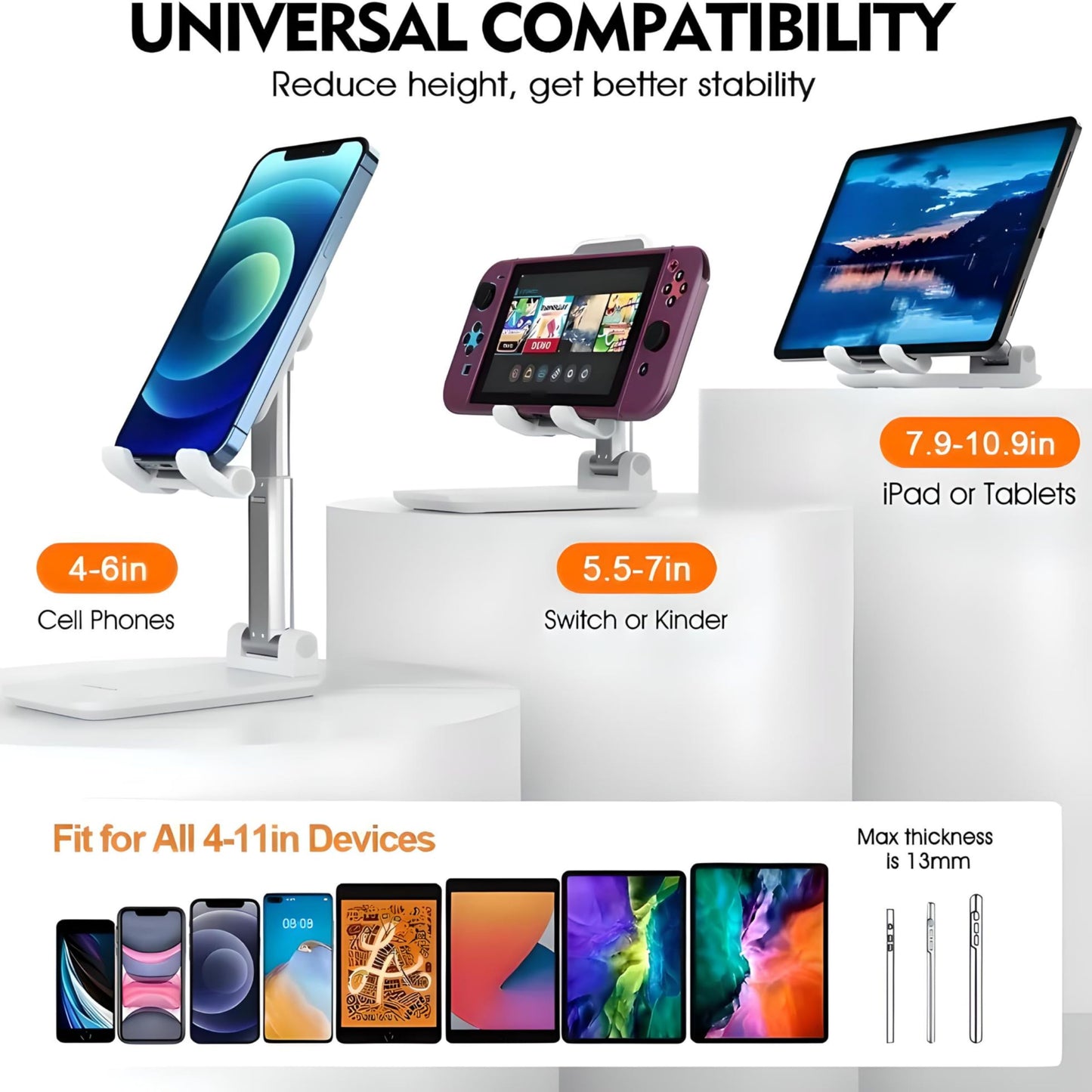 Betron Universal Phone Stand, Height Adjustable Holder, Foldable Cradle Dock Compatible with iPhone, Samsung Galaxy, and Other Smartphones