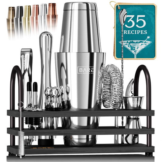 BARE BARREL® Cocktail Making Kit | 14-Piece Bartender Kit Cocktail Shaker Set Maker | Bamboo Display Stand & 35 Recipe Cards | Mixology Cocktail Gift Set (800ml/28oz Boston Shaker, Silver Black)