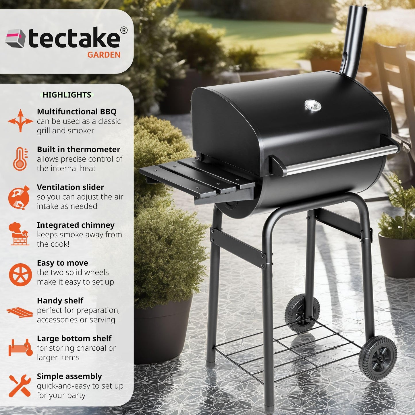 - tectake® BBQ | Charcoal & Wood | Built-in Thermometer | Adjustable Ventilation -