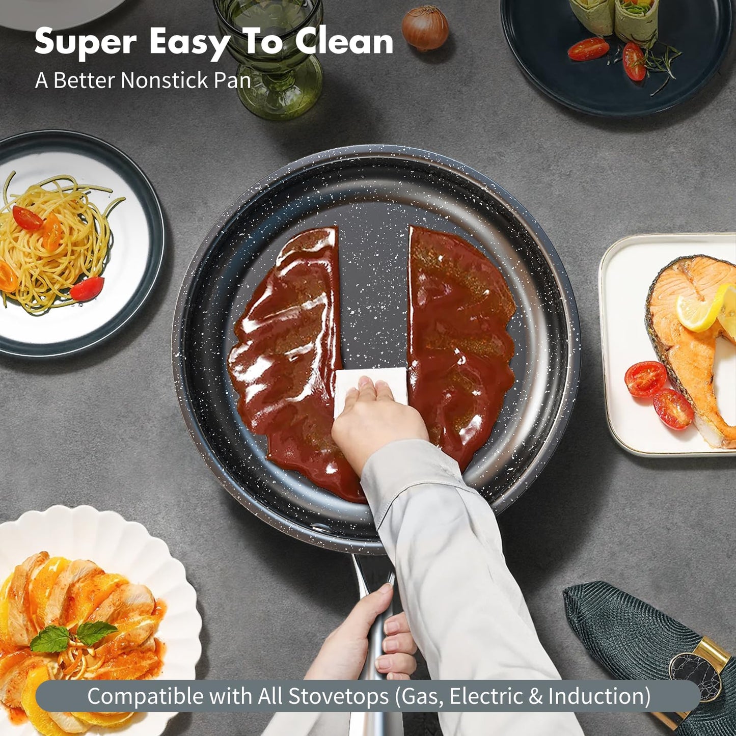 - Stainless Steel Pots and Pans Set | 7-Piece Nonstick Granite Induction Hob Pan Set | Frying Pans & Saucepans | Black -