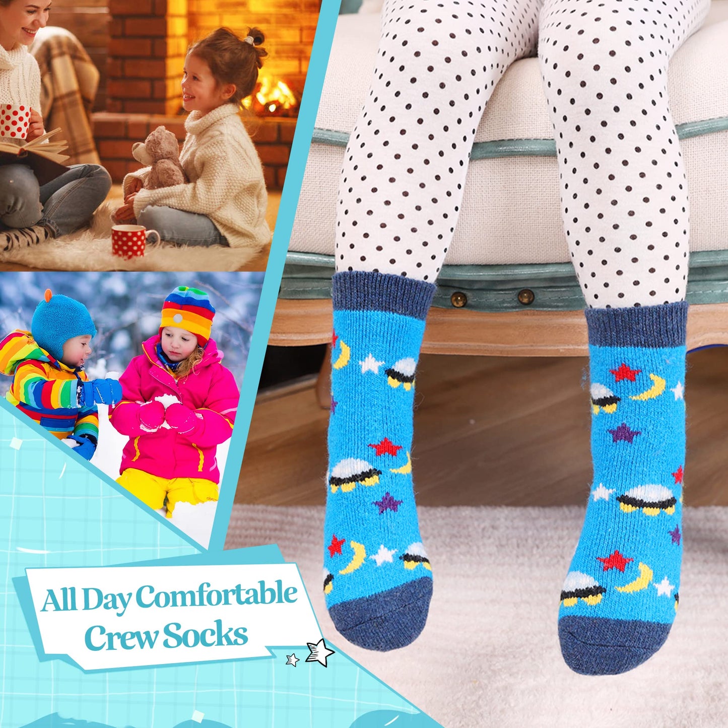 - Eocom Kids Wool Socks For Boys Girls | Warm Hiking Thermal Winter Toddlers Crew Boot Socks | 6 Pairs | ( 1-3 Years) -