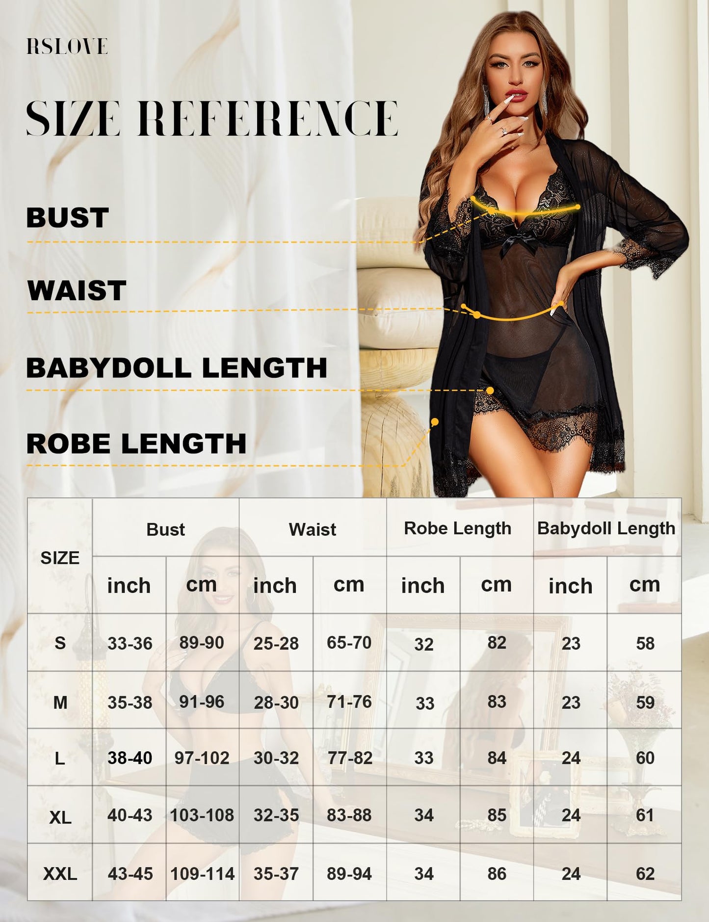 - RSLOVE Sexy Lingerie for Women | Lace Babydoll with Robe Nightdress | Sleepwear | Black -