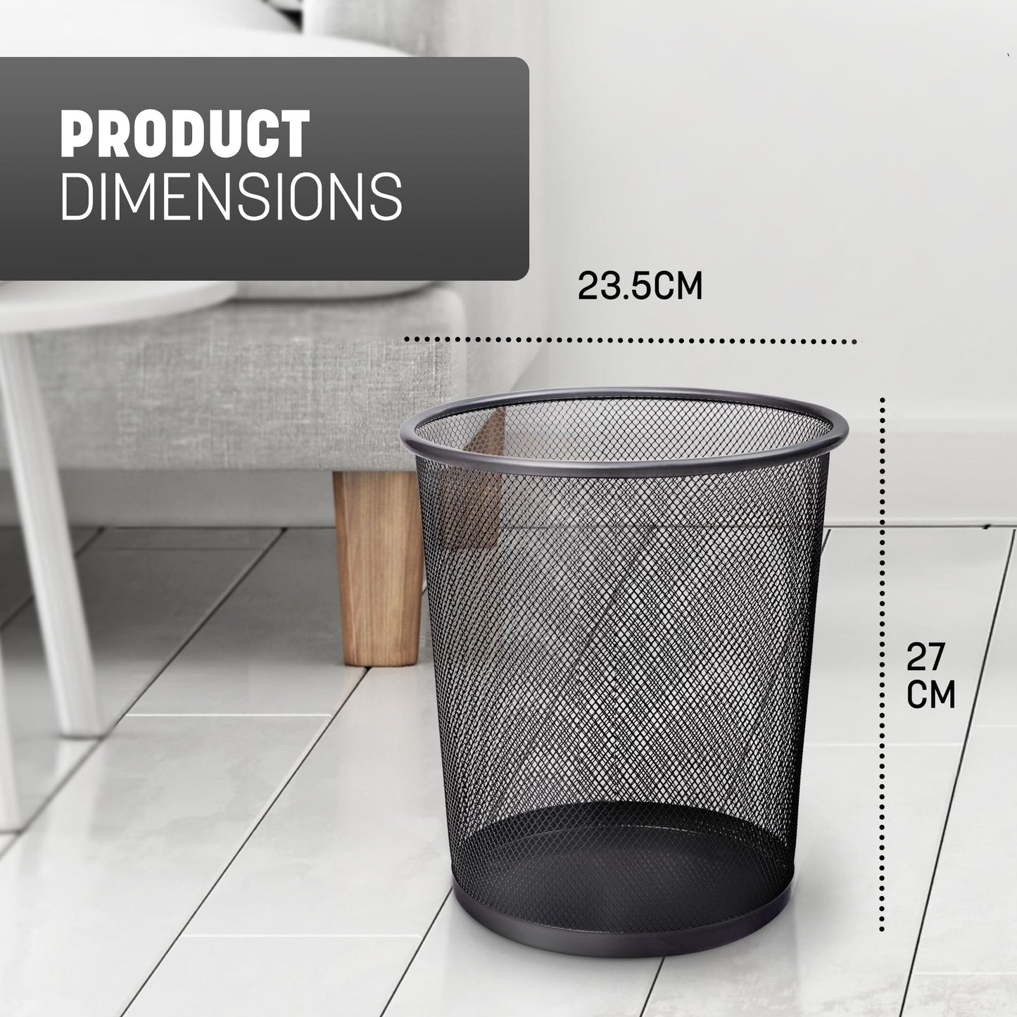 - KEPLIN Round Trash Can | Black Non-slip Mesh Bin | Stylish & Sturdy Metal Waste Paper Bin -