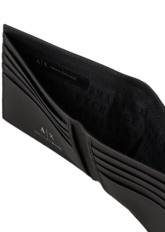 Armani Exchange Men's Plate Logo Saffiano Leather Bifold Wallet Fold, Black, S