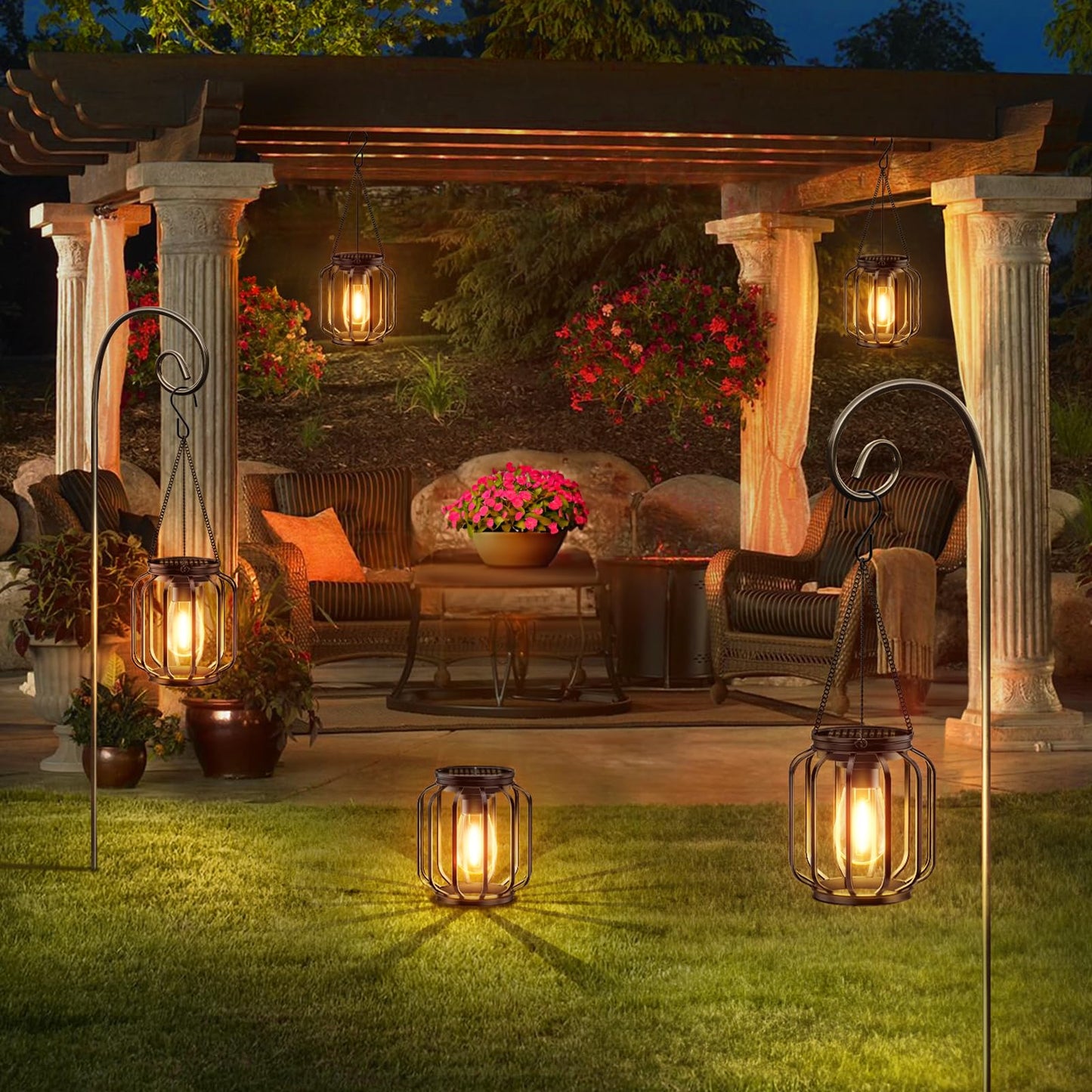 BUCASA Solar Lights Outdoor Garden, 2 Pack Hanging Solar Garden Lanterns with Chain and Hook, Metal Waterproof Soalr Garden Ornaments Outdoor for Decoration Garden Pathway Patio (Warmwhite)