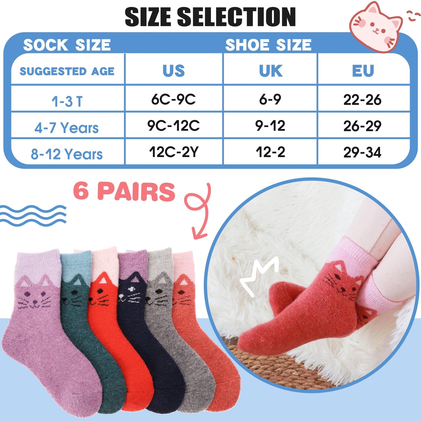 ANTSANG Kids Merino Wool Walking Socks for Toddlers Boys Girls Winter Hiking Thick Warm Heavy Thermal Cosy Crew Boot Cabin Gift Socks 6 Pairs(Little Cat,4-7 Y)