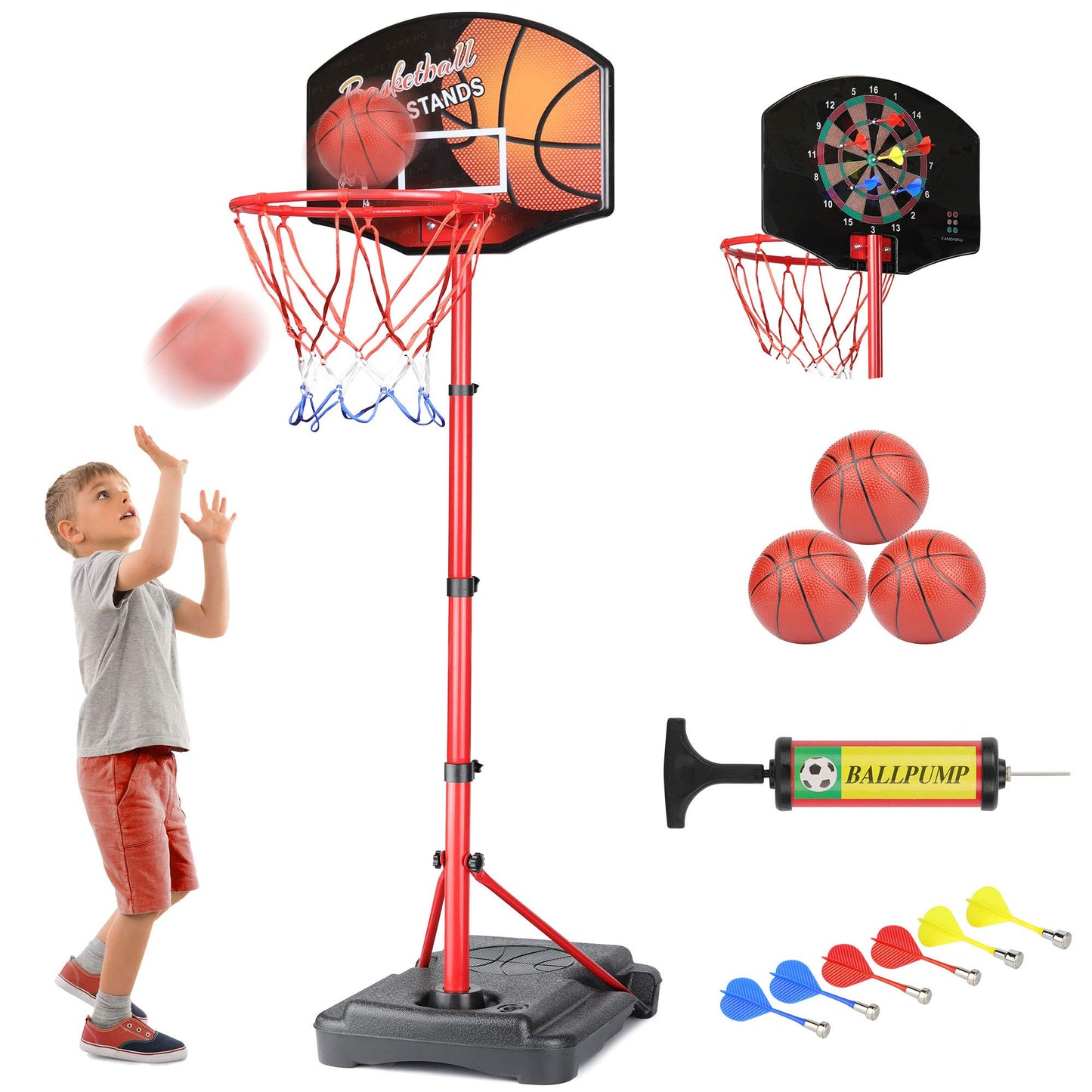 Basketball Hoop, KAMDHENU Kids Toy Basketball Hoop with Darts Target 2 in 1 with Height-Adjustable 3.2ft-6.2ft, Portable Basketball Hoop Indoor and Outdoor Activities for Kids Age 3-8