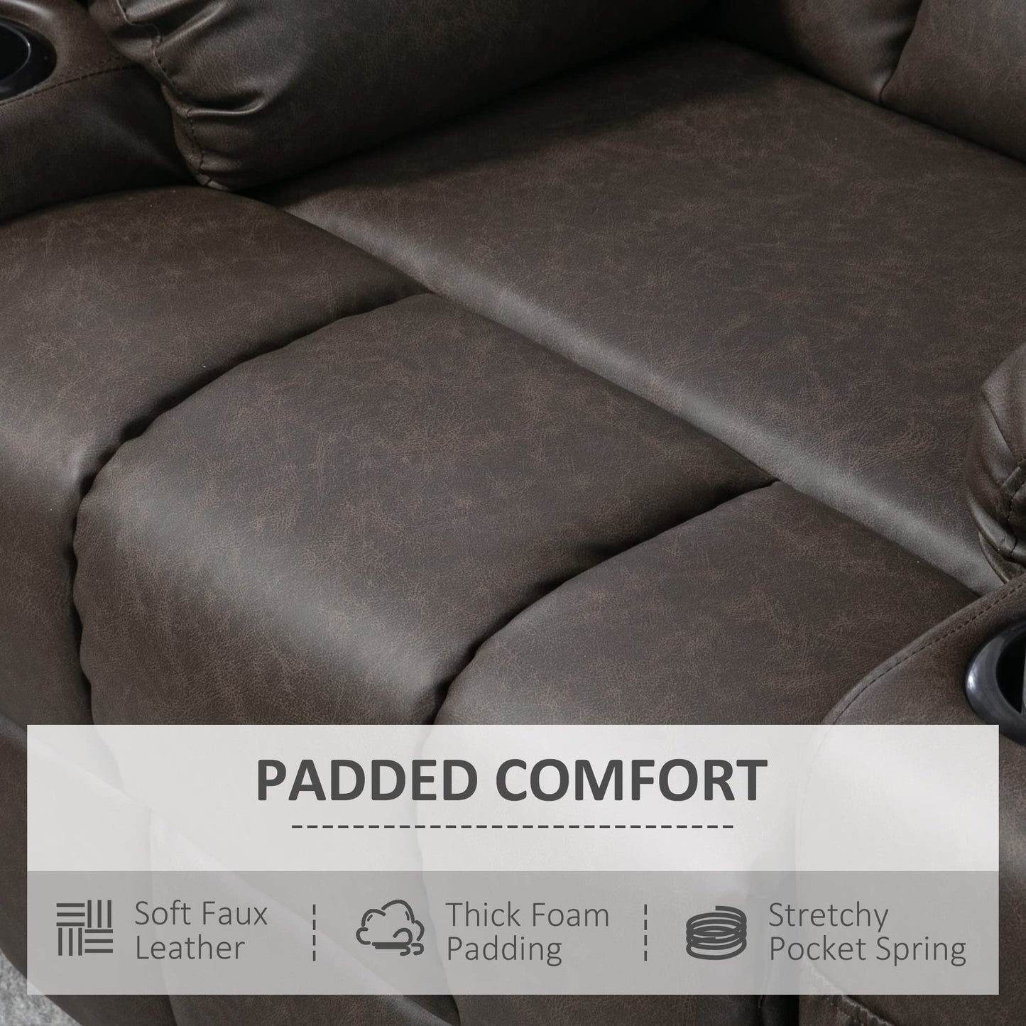 - HOMCOM Manual Recliner Chair | Overstuffed PU Leather Recliner Armchair | Footrest | Cup Holders | Side Pockets | 360° Swivel -