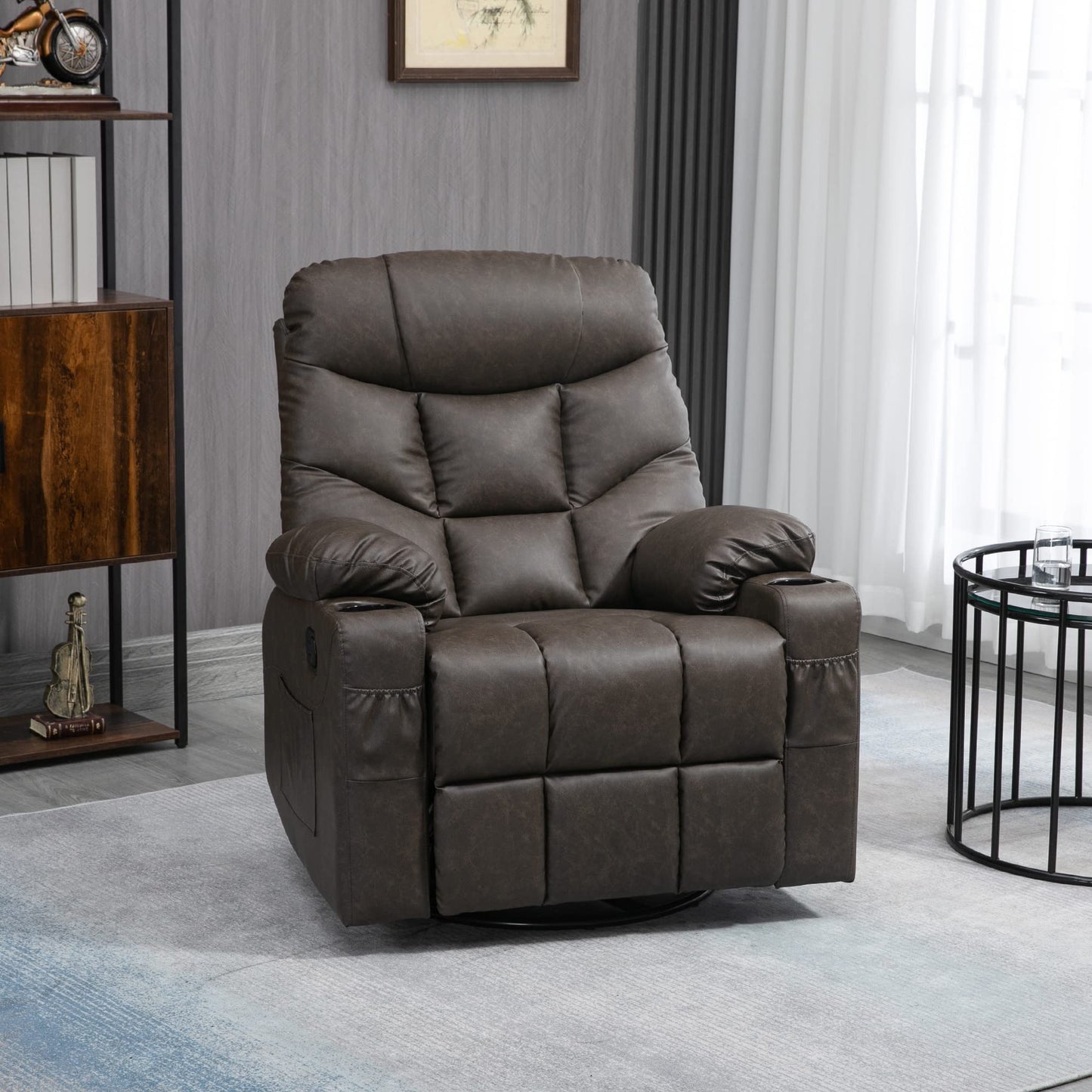 - HOMCOM Manual Recliner Chair | Overstuffed PU Leather Recliner Armchair | Footrest | Cup Holders | Side Pockets | 360° Swivel -