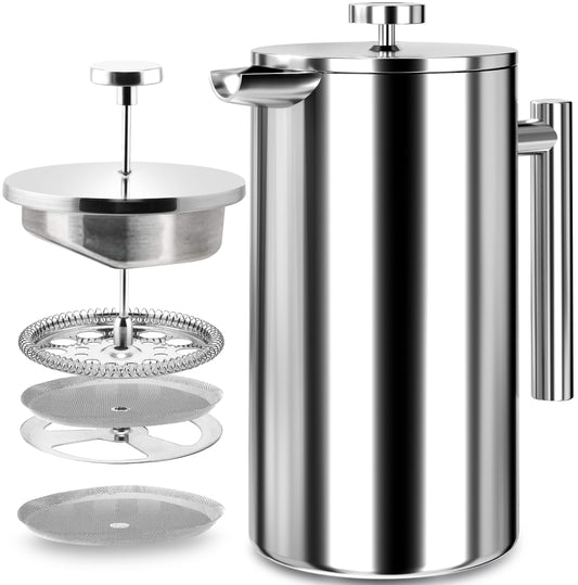 - KICHLY Cafetiere 8 Cup Stainless Steel French Press Coffee Maker | Coffee Press with 3 Level Filtration System -