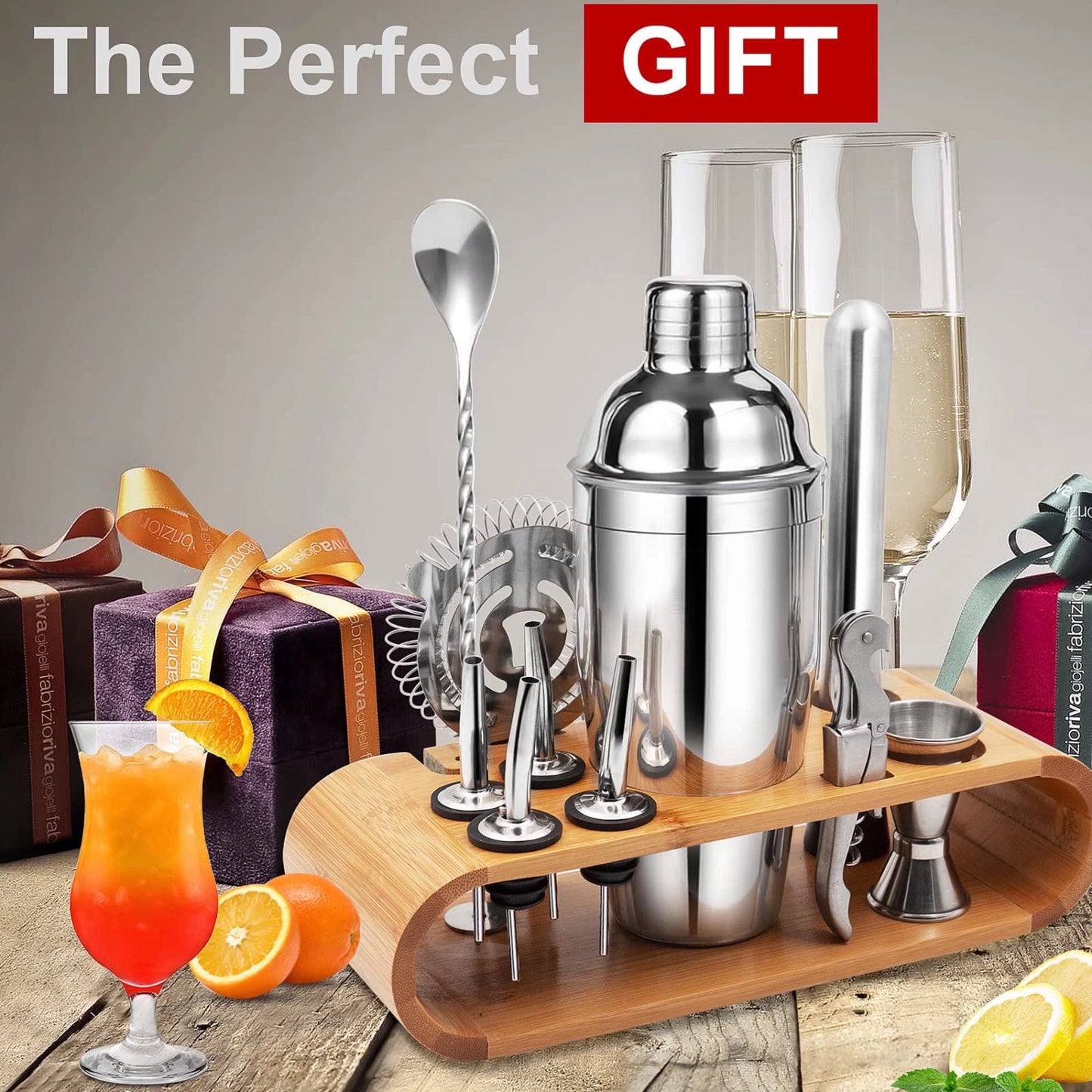 AYAOQIANG Cocktail Making Set, Cocktail Shaker Set with Stand, 750ml Stainless Steel Shaker for Cocktail, Home Bar Cocktail Tool Set for Bartender,Gift for Men Birthday,Thanksgiving,Christmas