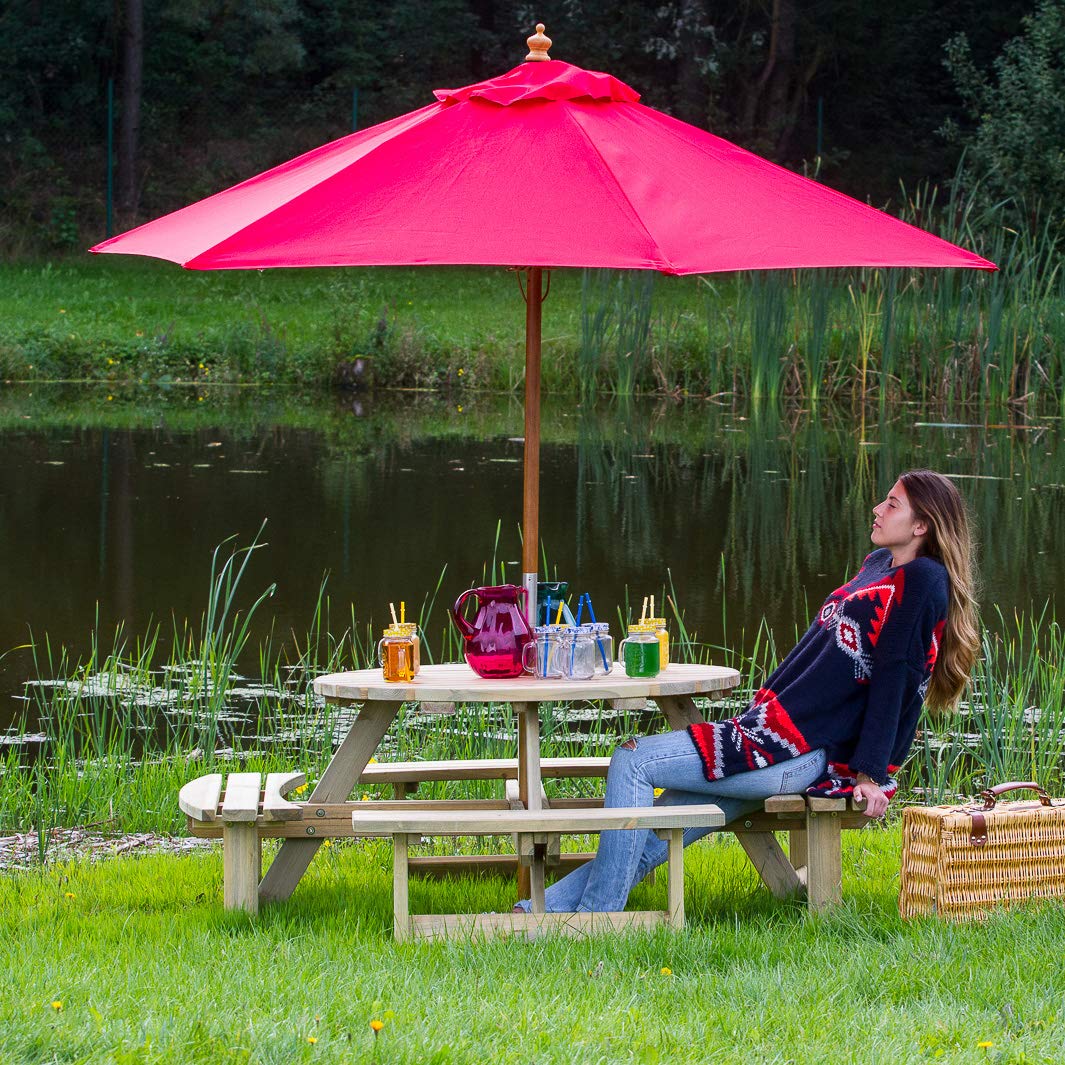 BrackenStyle Wooden Round Table with Bench and Parasol Hole - 1 Piece Furniture Outdoor Dining for Picnic, Garden, Patio, 8 People Seater with 1.8M Diameter (Green Pine)