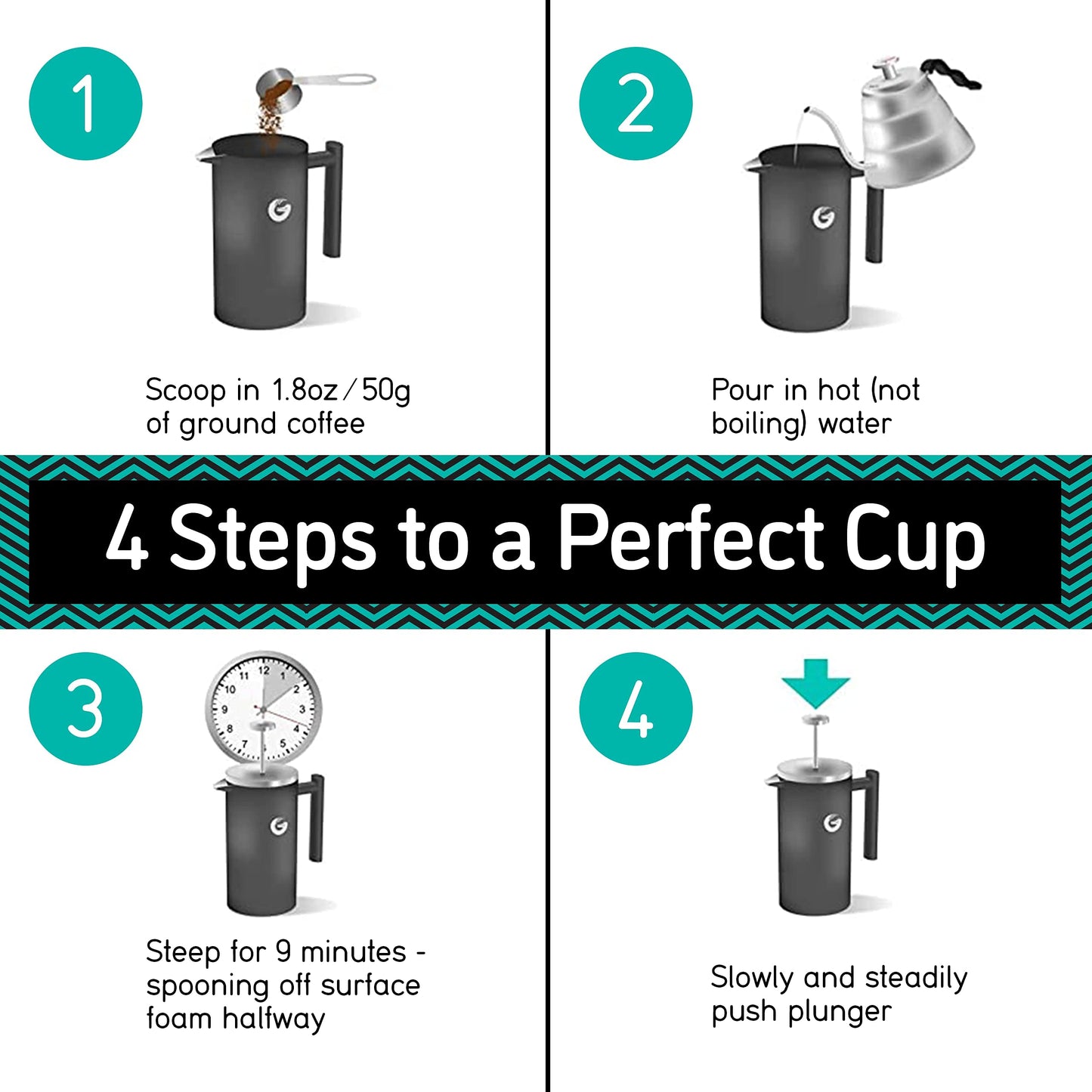 Coffee Gator Cafetiere - 1 Litre French Press Coffee Maker - Large Capacity, Double-Wall Insulated Stainless Steel Brewer - Hotter for Longer – Grey