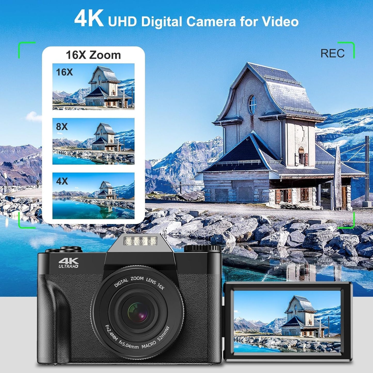 - Digital Camera AutoFocus 4K 56MP UHD Vlogging Camera | 16X Digital Zoom 3.0 Inch Compact Camera -