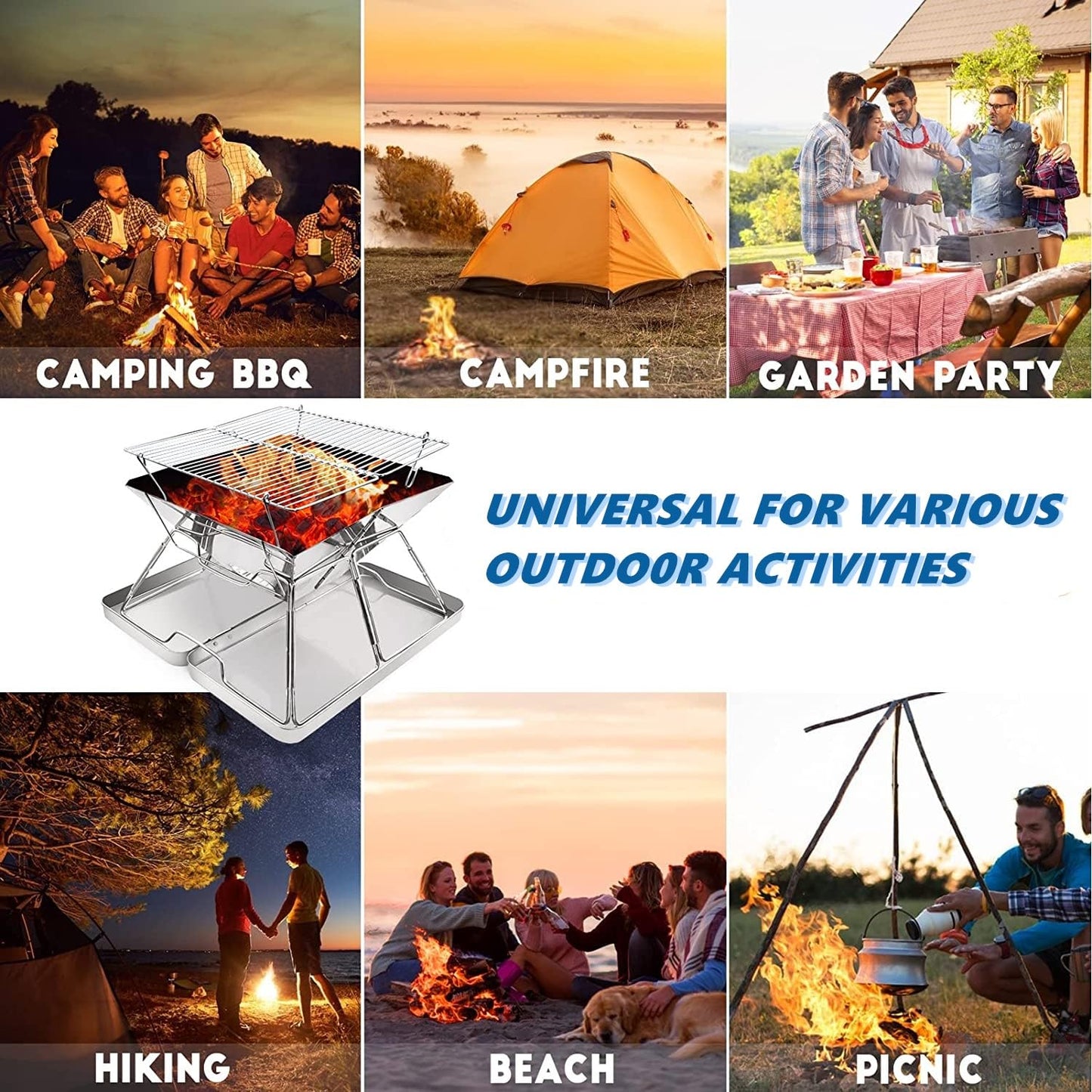 - KAHEIGN Stainless Steel Fire Pit | Foldable BBQ Grill Rack | Portable Campfire Pit -