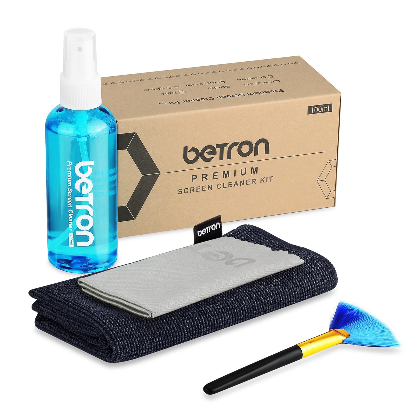 Betron Screen Cleaner Spray for TV, Laptop, Macbook, Computer, Monitor, Mobile Phone Cleaning Kit including Brush and Microfibre Cleaning Cloth, 100ml