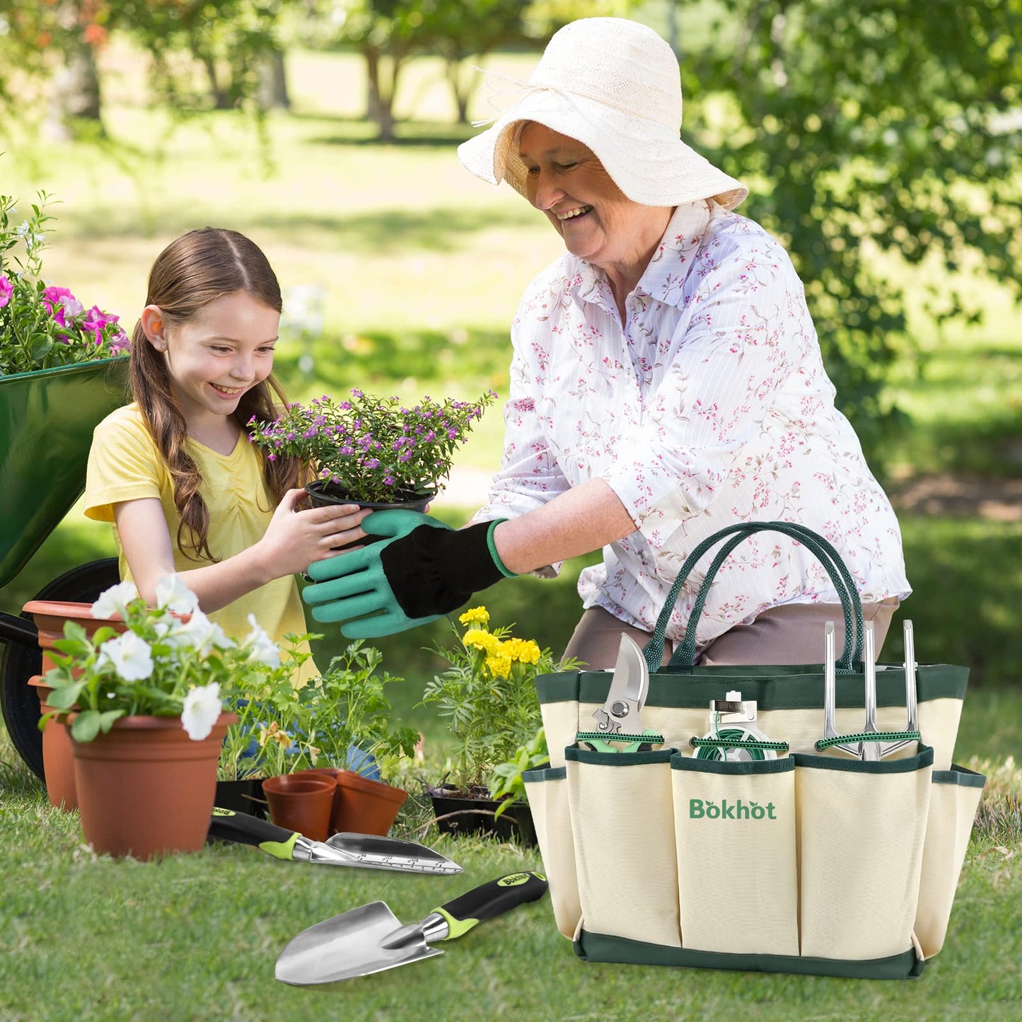 Bokhot Garden Tools Set Gardening Hand Tool Gift Kit with Heavy Duty Tool Bag for Easy Storage, Gardening Gifts for Outdoor Women & Men, Green (PG023)