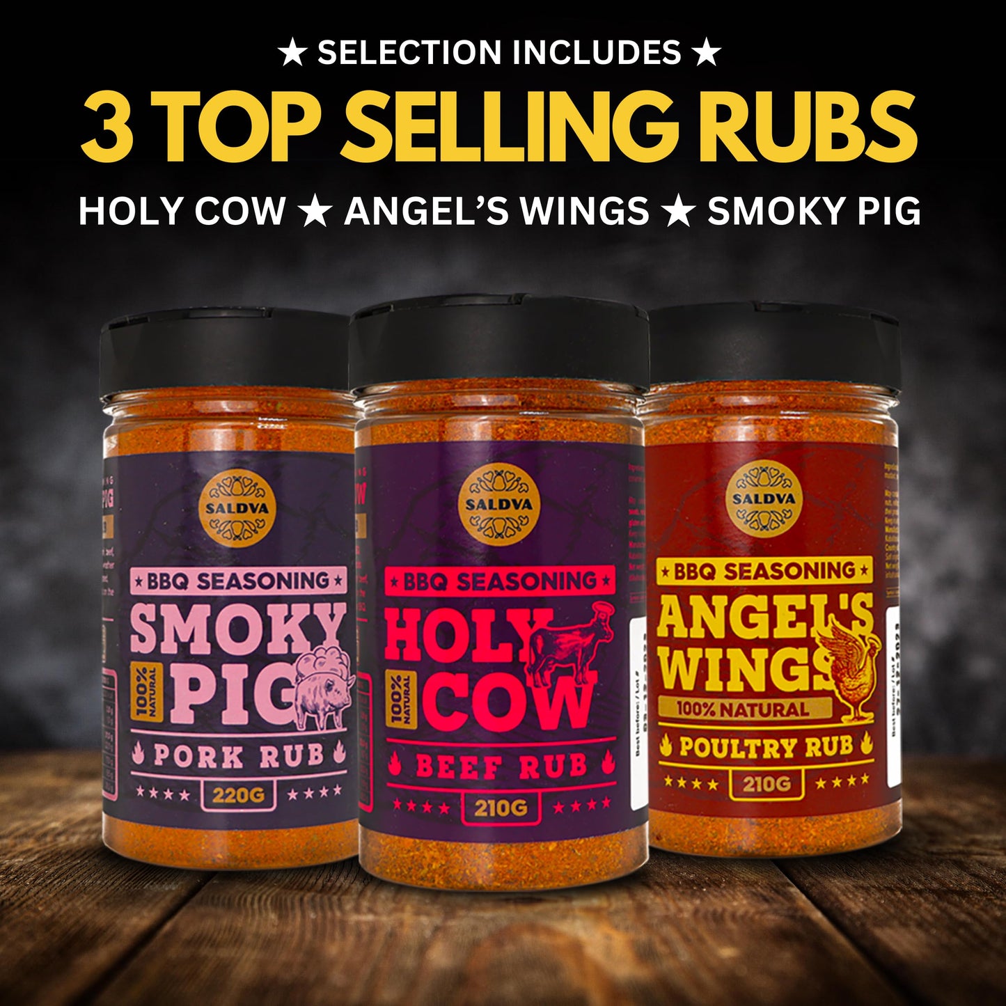 Classic Selection of Premium BBQ Seasonings - Holy Cow, Adam’s Rib, Angel’s Wings, Smoky Pig, Ultimate Rub & Veggie War BBQ Rubs | Pack of 6 | 100% Natural | Great Foodie Gift