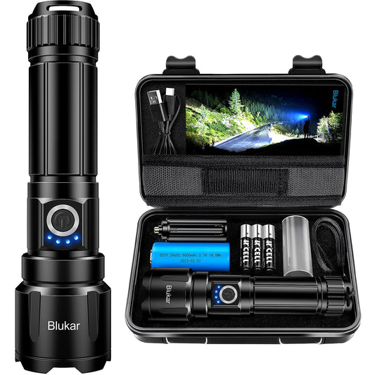 Blukar LED Torch, 20000 Lumens Super Bright Torches Led - Adjustable Focus, 5000 mAh, IP67 Waterproof, Powerful Long Lasting Handheld Flashlight for Power Cuts, Camping, Hiking, Emergency etc.