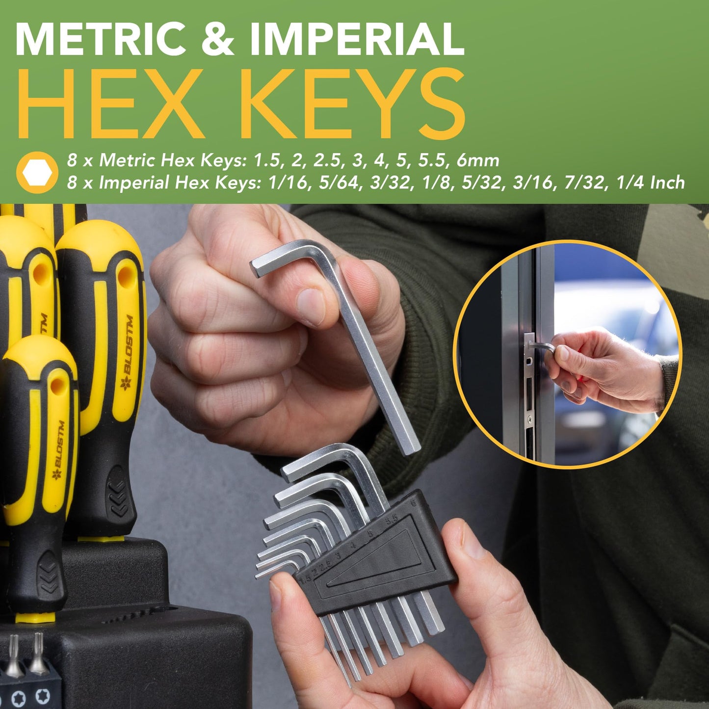 BLOSTM Magnetic Screwdriver Set with Stand - 44PCS Screw Driver Set & Wall Mount Screwdriver Organizer - Crosshead, Flathead, PZ, Star Screw Driver Sets, Metric & Imperial Hex Keys, Screwdriver Bits