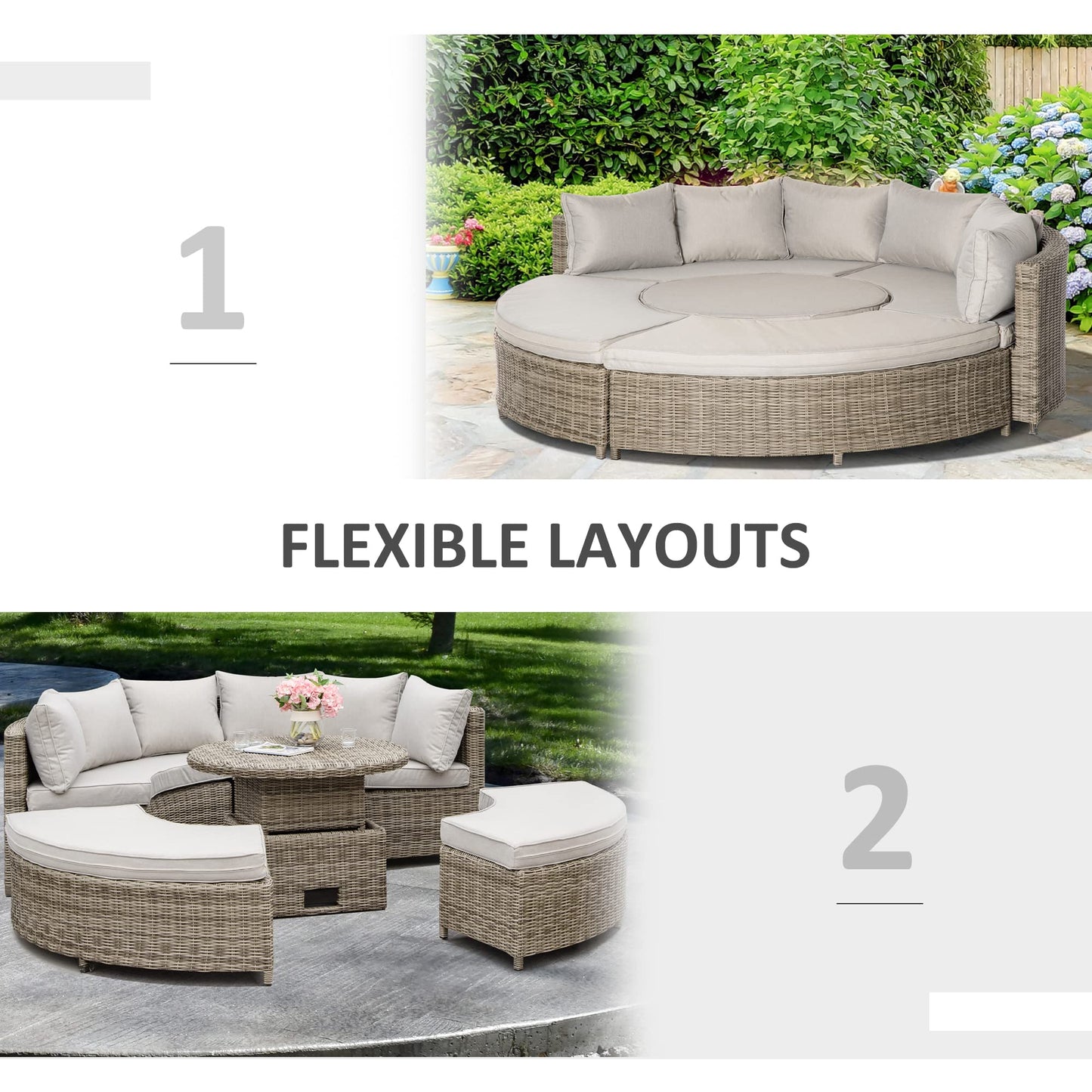 - Outsunny 5 Pieces | Outdoor PE Rattan | Round Garden Daybed with Cushions -