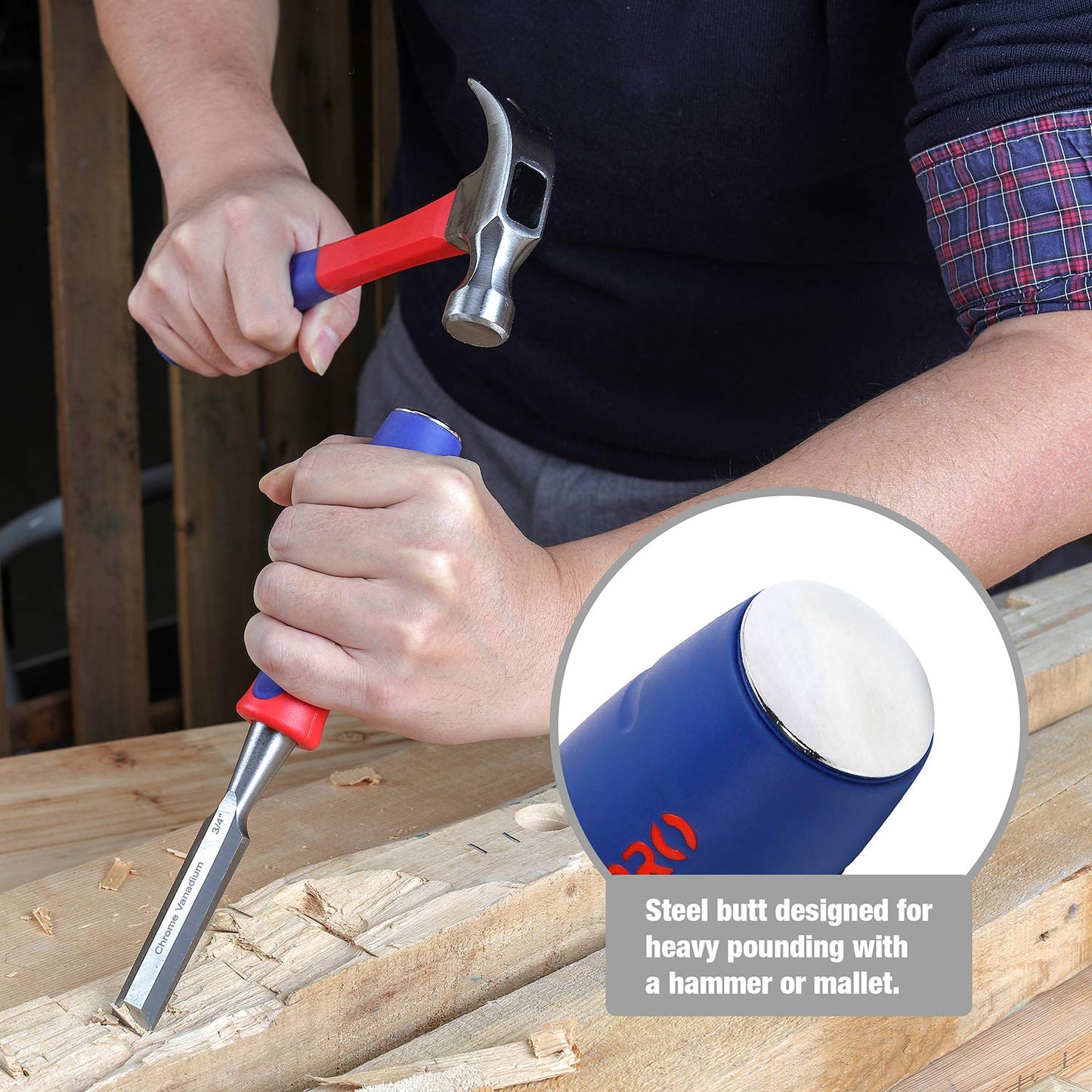 - WORKPRO Wood Chisel Set, 3 Pieces Wood Carving Chisels 12 mm, 19 mm, 25 mm, Cr-V Bevel Edge Chisels with Steel Hammer End and Non Slip Handle