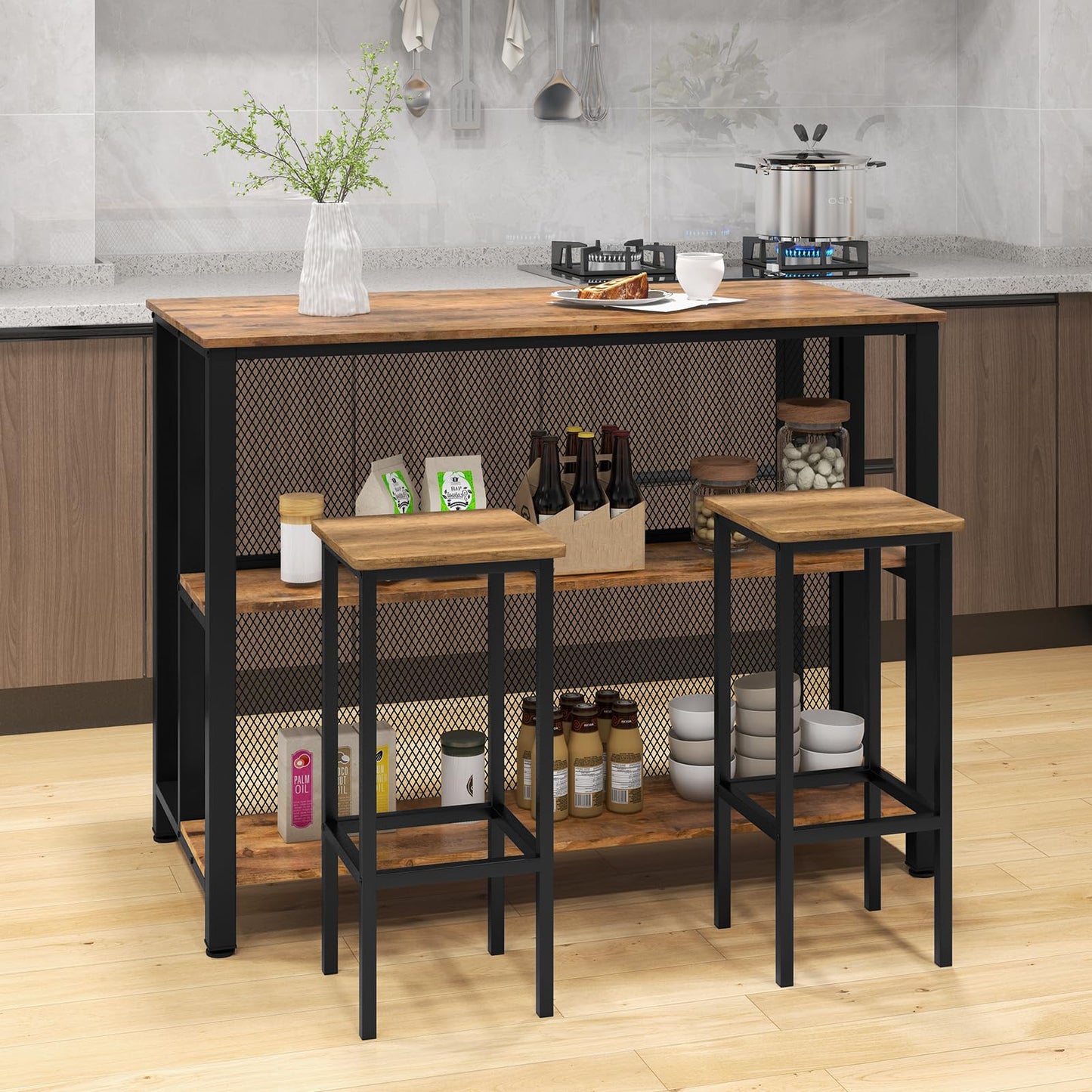- TANGZON 3-Tier Bar Table | Metal Frame Rectangular Kitchen Table -