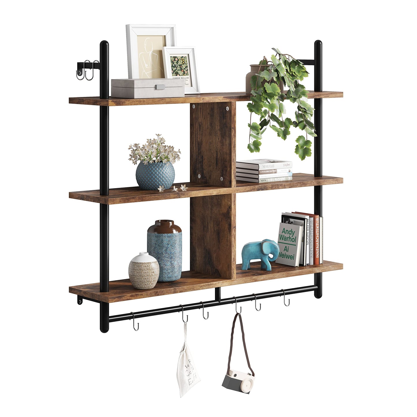 Bestier 3 Tier Floating Pipe Shelving 115CM Industrial Wall Mounted Ladder Shelf Hanging with Circular Tube with Hooks Wood Display Storage Home Decor Book Shelves for Living Room Kitchen Balcony