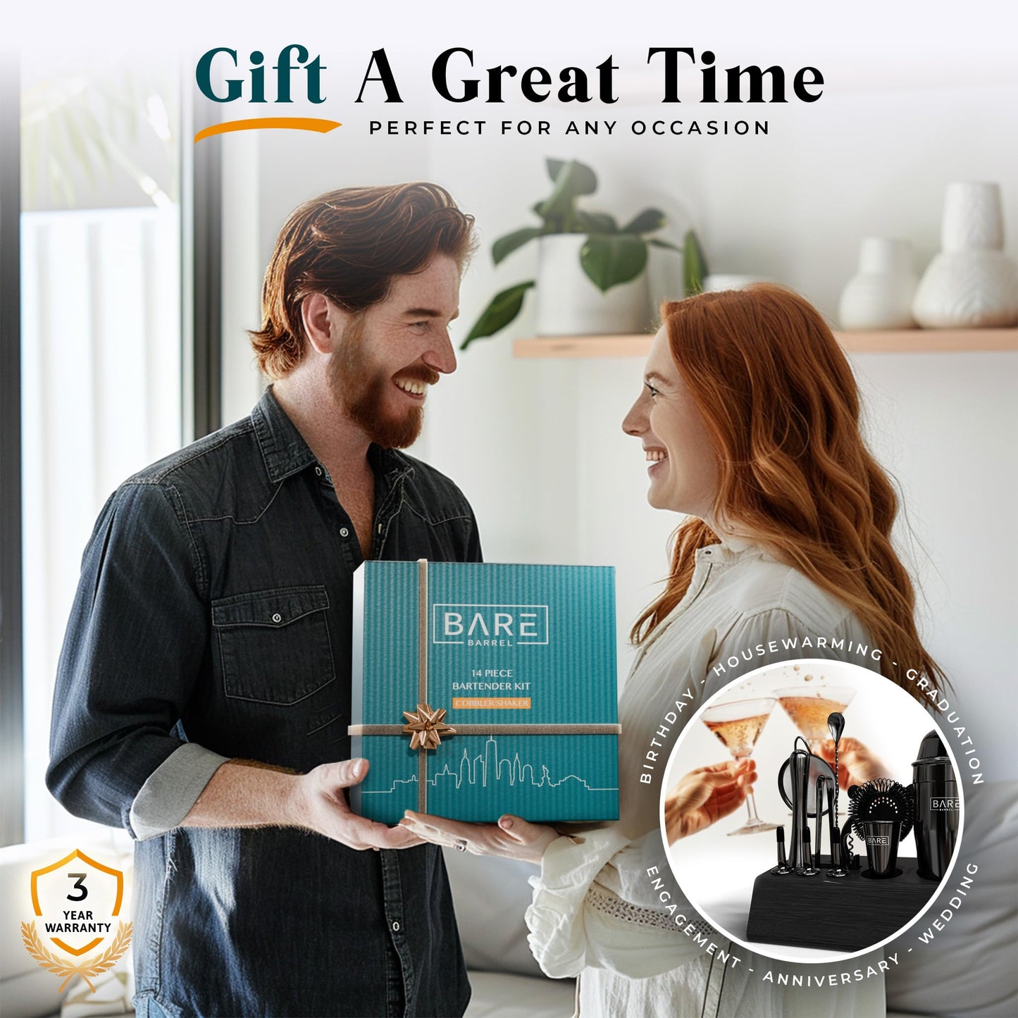 BARE BARREL® Cocktail Making Kit | 14-Piece Bartender Kit Cocktail Shaker Set Maker | Bamboo Display Stand & 35 Recipe Cards | Mixology Cocktail Gift Set (675ml/24oz Cobbler Shaker, Jet Black)
