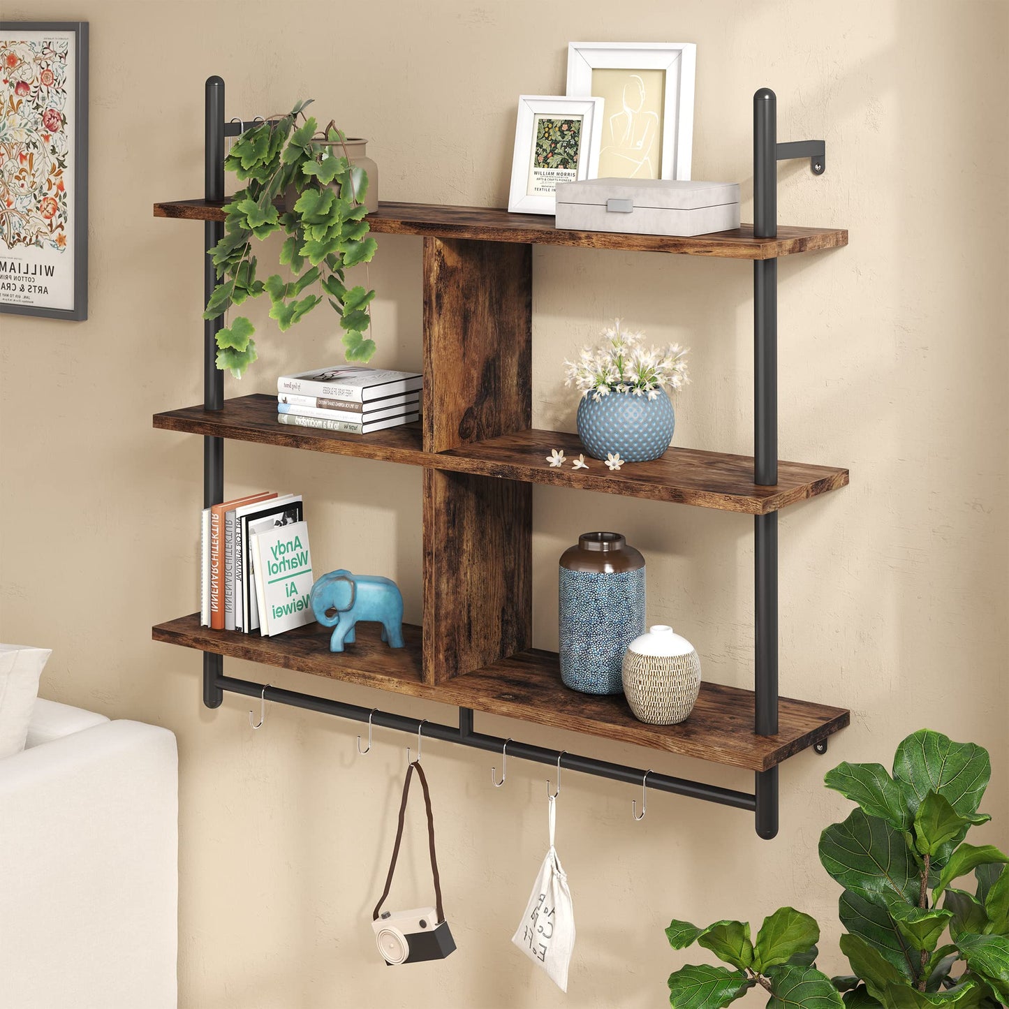 Bestier 3 Tier Floating Pipe Shelving 115CM Industrial Wall Mounted Ladder Shelf Hanging with Circular Tube with Hooks Wood Display Storage Home Decor Book Shelves for Living Room Kitchen Balcony